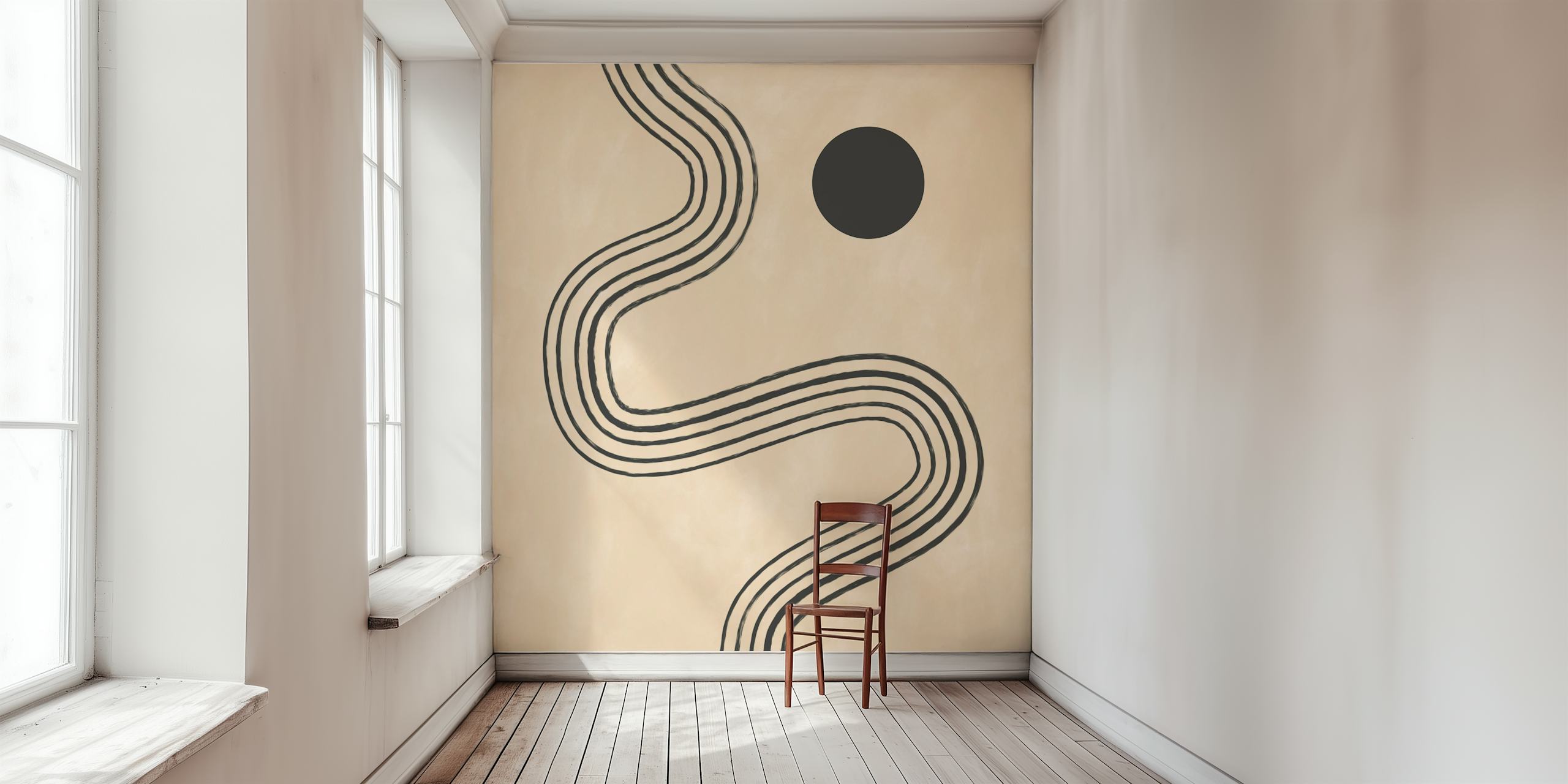 Abstract beige wallpaper with black lines and a circle