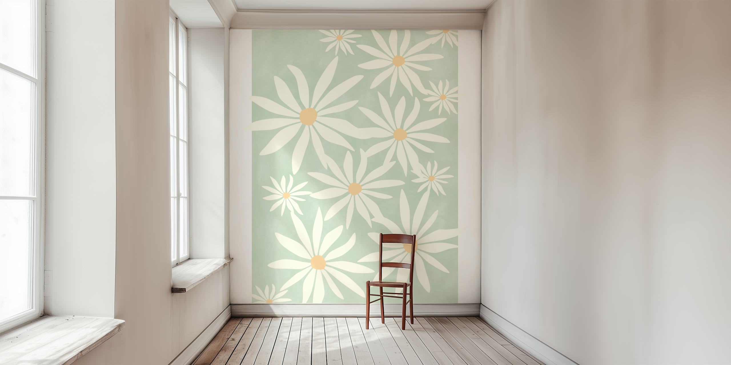 Daisy flower patterns on mint green background wallpaper