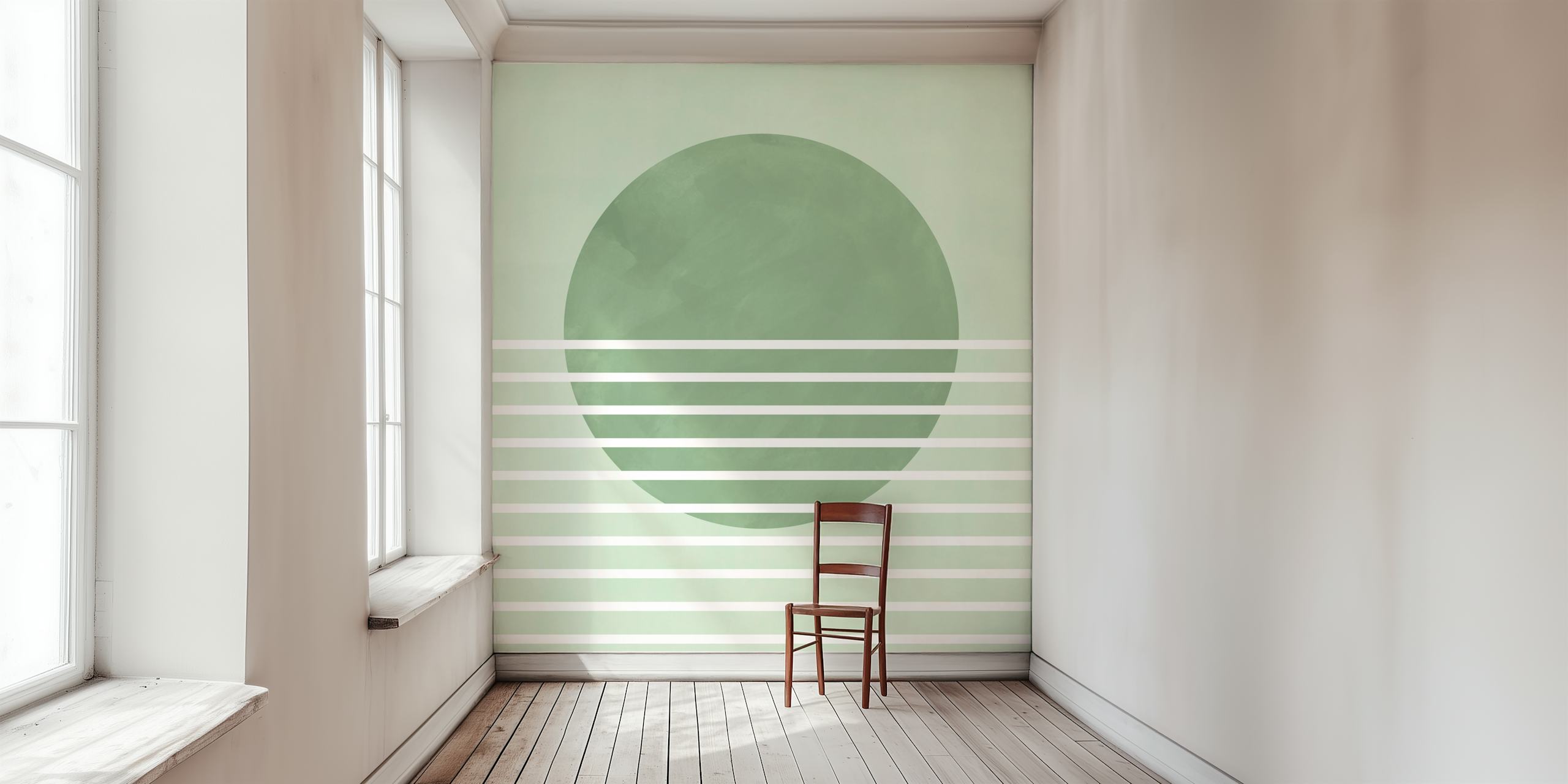 Grüne Tapete mit einem großen Kreis und weißen Streifen, minimalistischer Stil