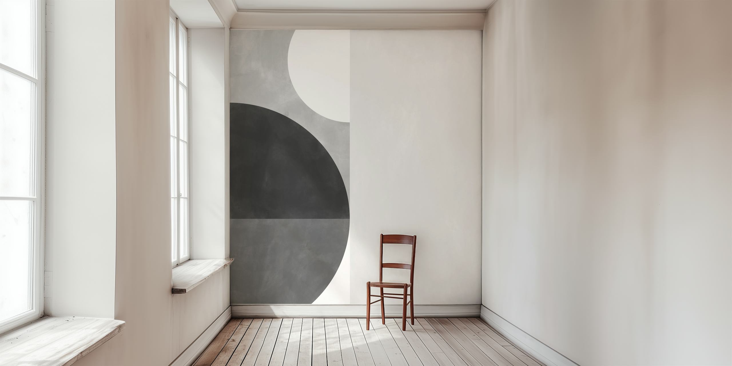 Geometric abstract mural in black and white with circular motif and contrasting shades.