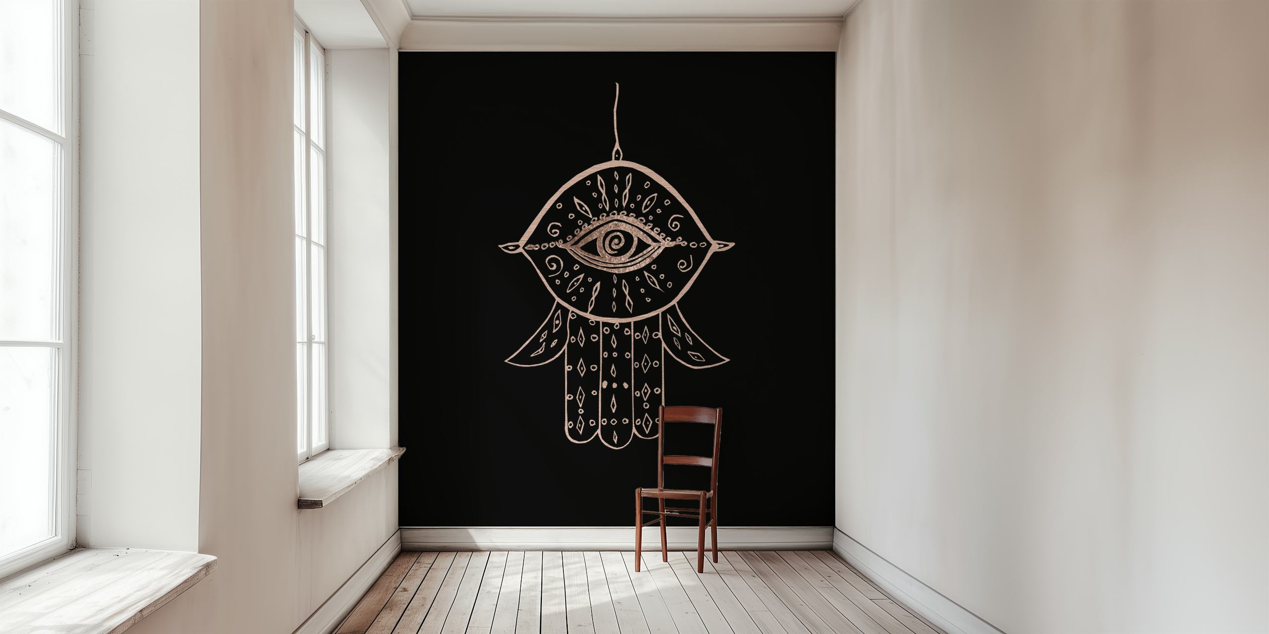 Hamsa Hand Rose Goud op Zwarte Muurschildering