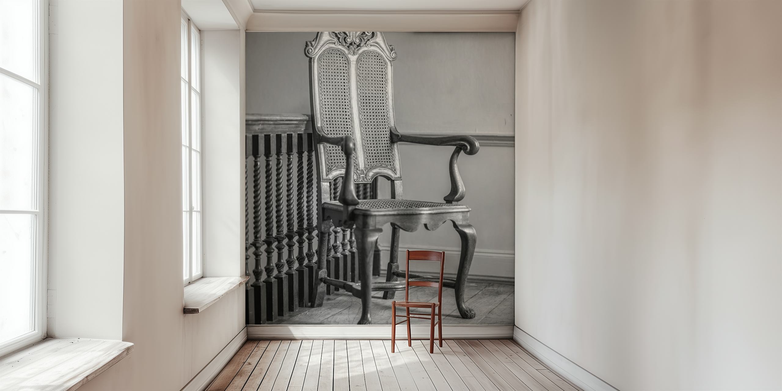 Vintage wooden chair in black and white wallpaper