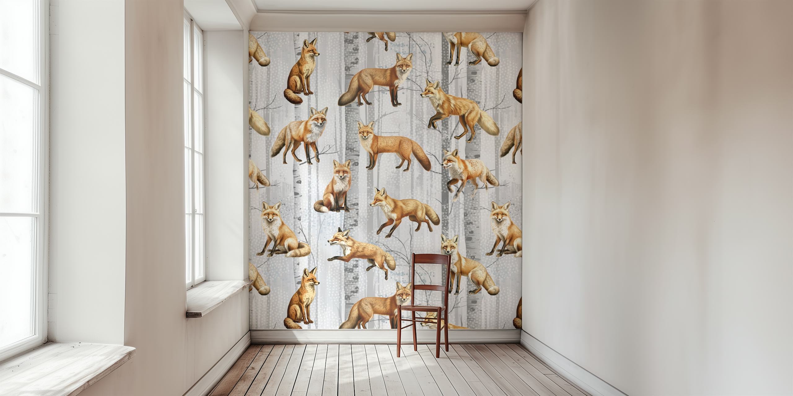 Various foxes in a forest setting with birch trees wallpaper