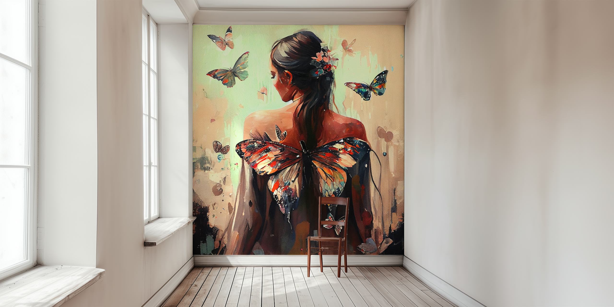 Umělecká fototapeta zobrazující ženská záda s motýlími křídly