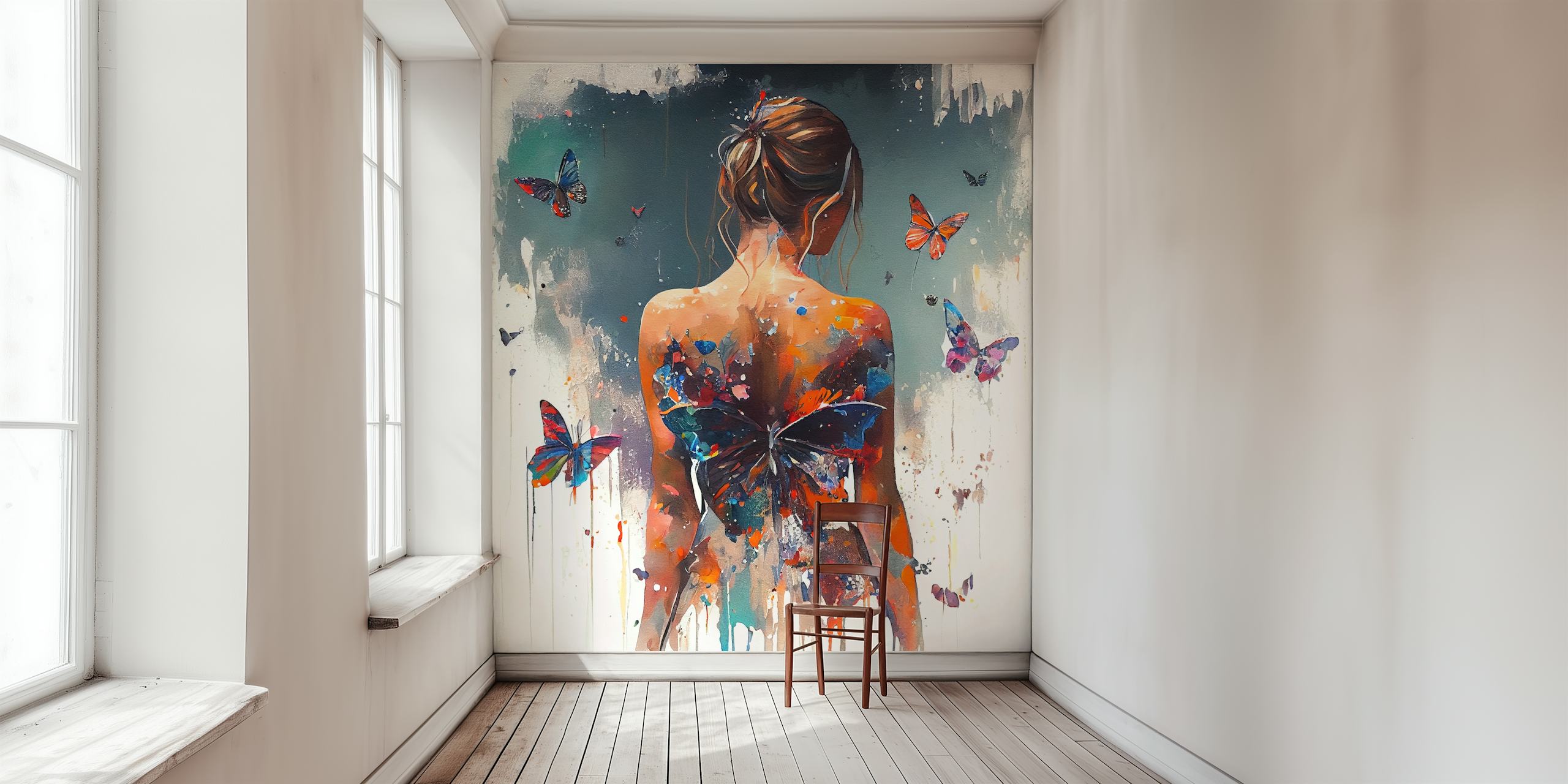 Powerful butterfly woman body wallpaper in a room