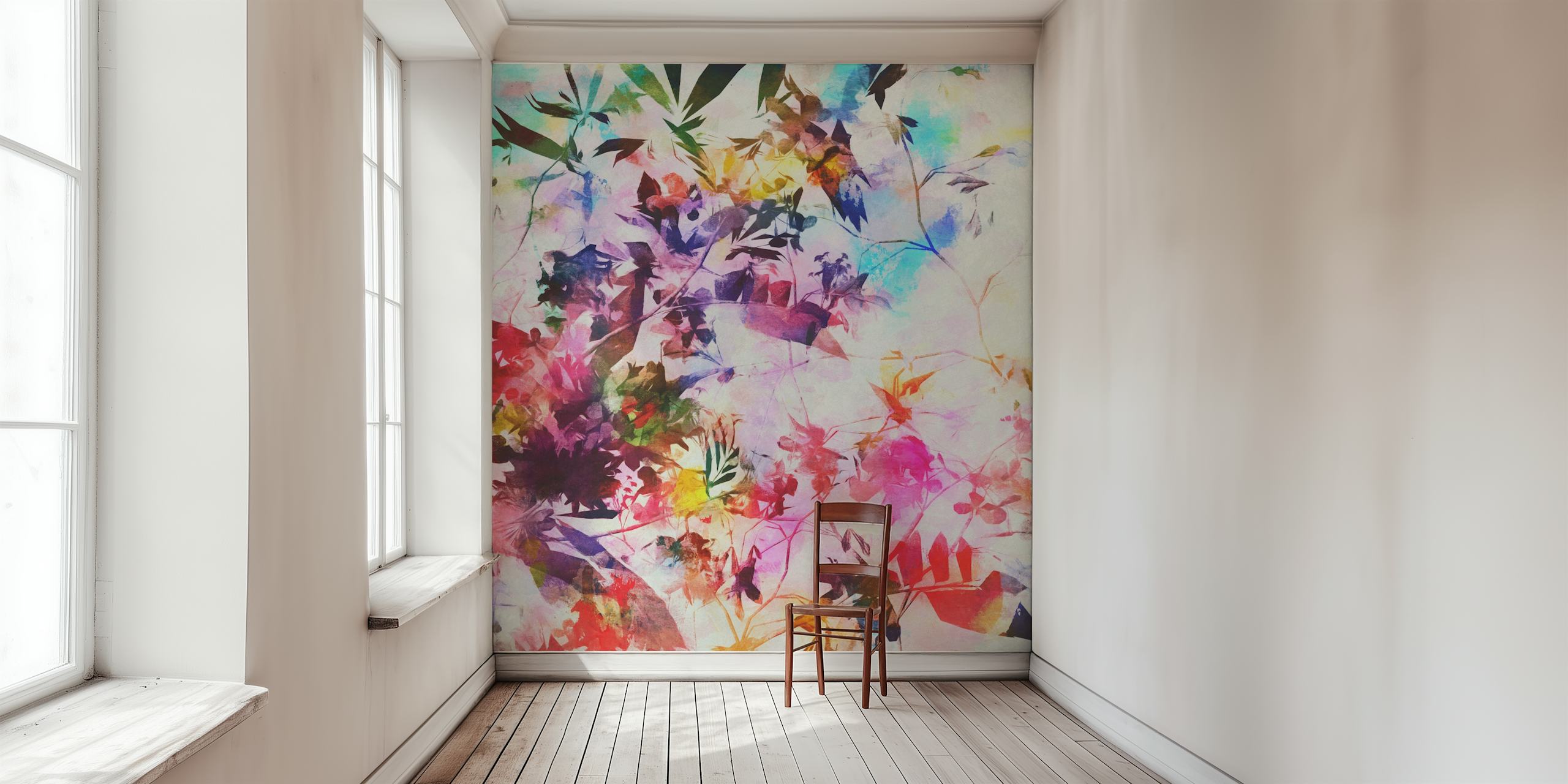 Colorful floral pattern with pink, green, and blue hues wallpaper