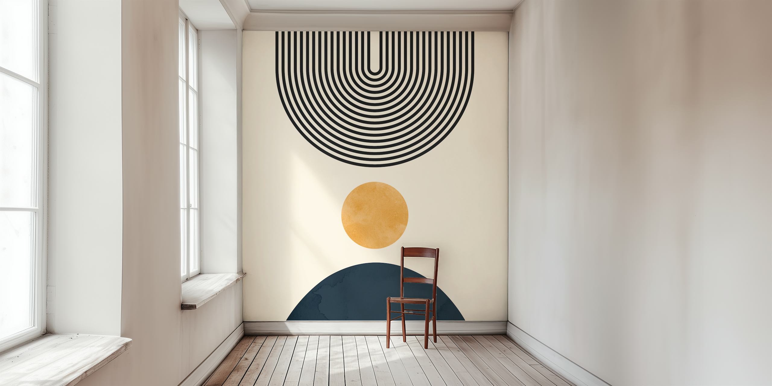 Geometric lines and circles in black and gold on beige wallpaper