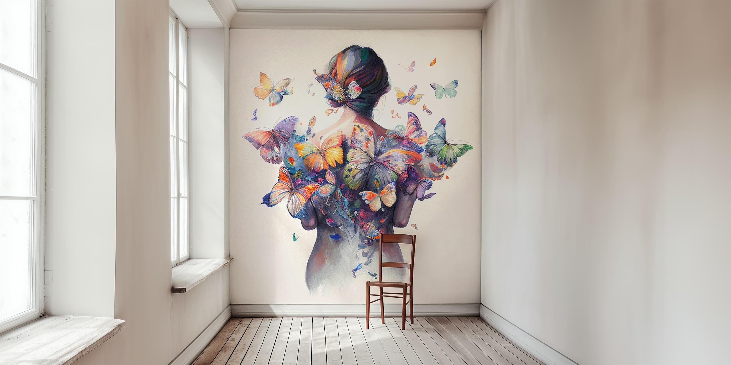 Mural artístico em aquarela da silhueta de uma mulher com borboletas