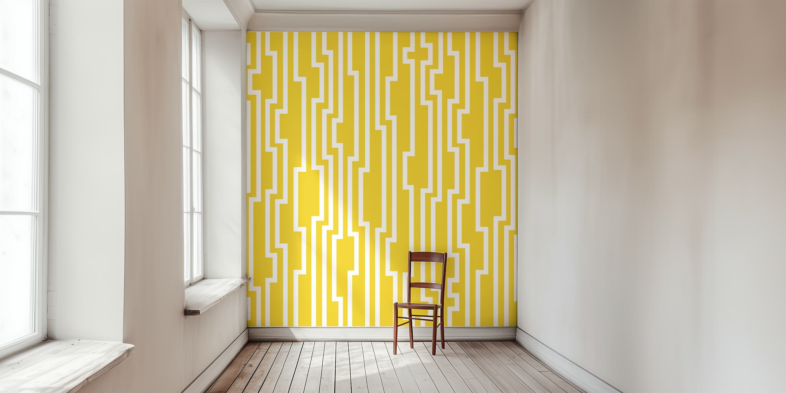 Behang White Mustard Stripes in een kamer