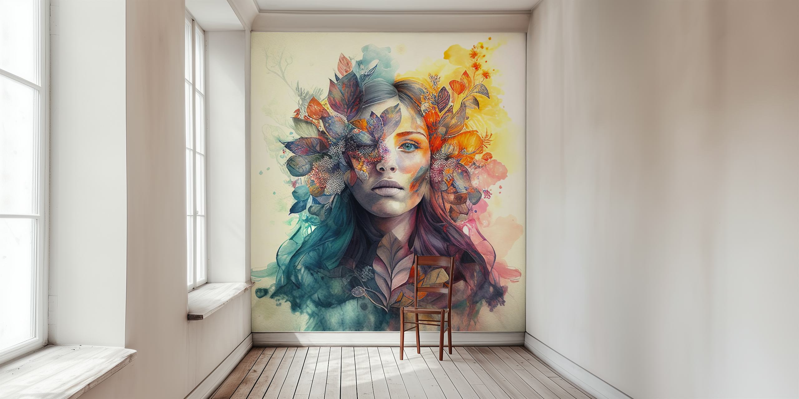 Watercolor Tropical Woman tapet i ett rum