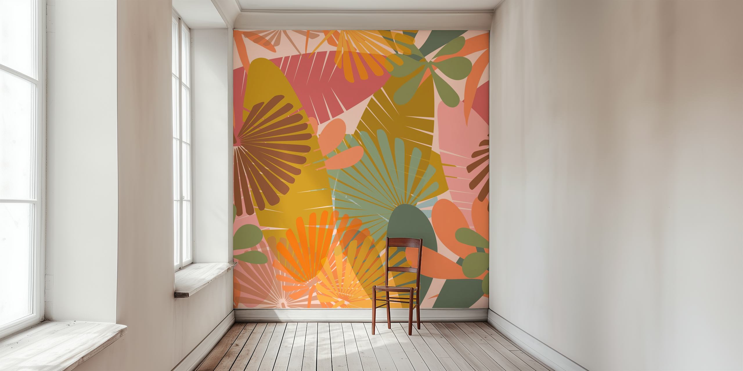 Abstract tropical leaf pattern wall mural in coral, ochre, and green hues