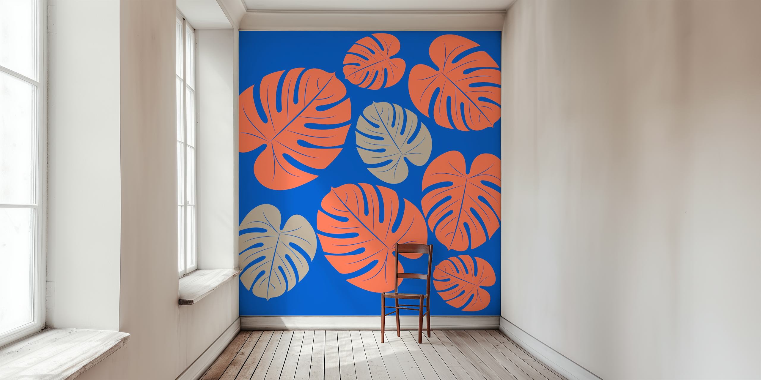 Cobalt blue wallpaper with orange and tan leaves