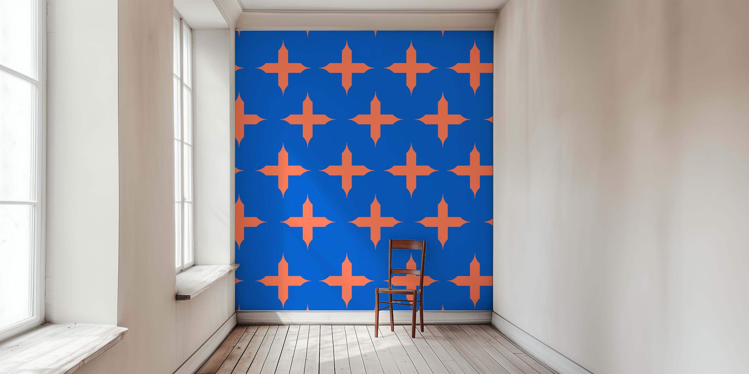 Geometric cross pattern in azure blue and orange wallpaper