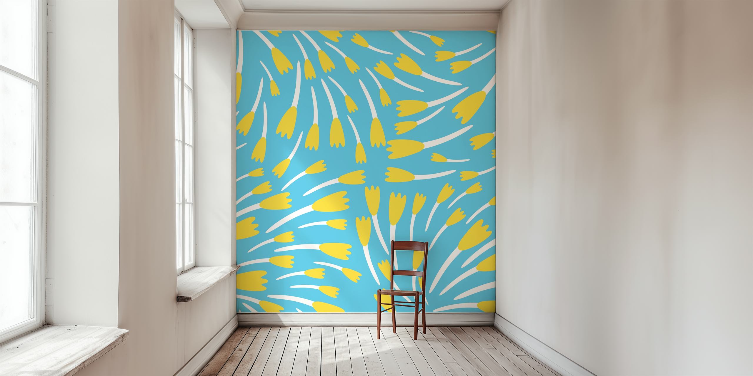 Sky blue ταπετσαρία με yellow tulips σχέδιο