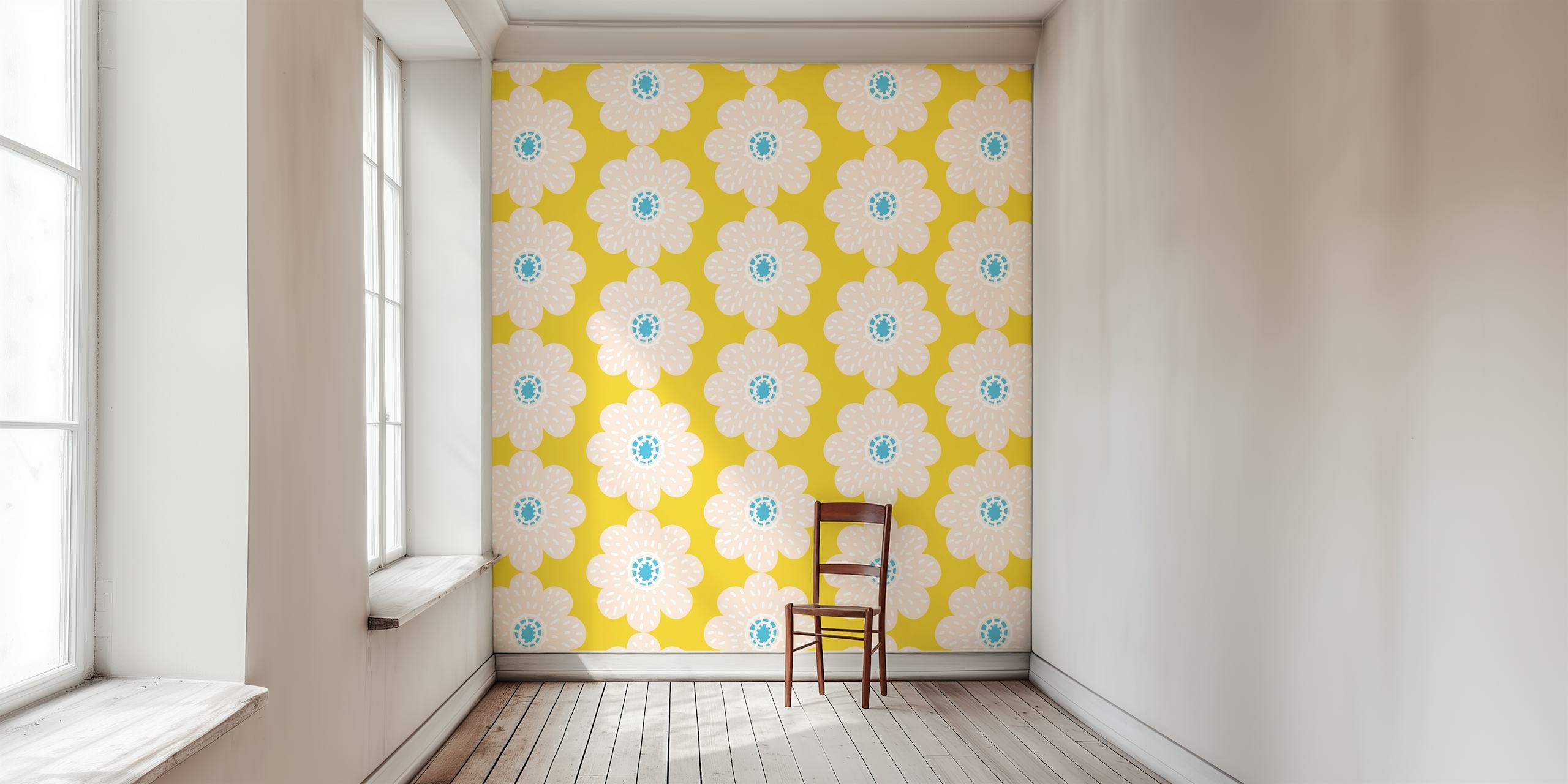 Honey yellow floral daisy pattern wallpaper in a room
