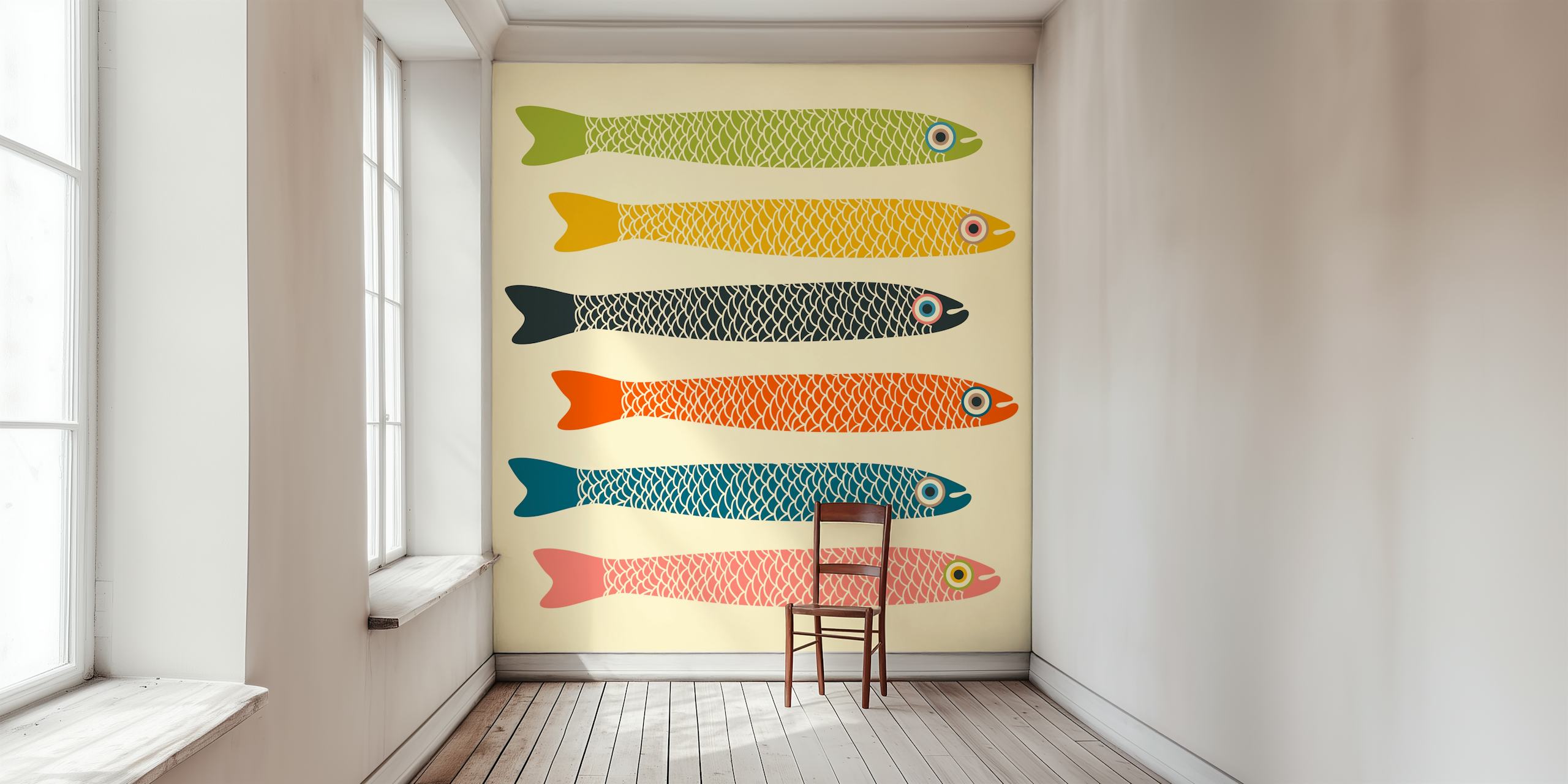 Padrões coloridos de peixes vintage retrô em um fundo creme
