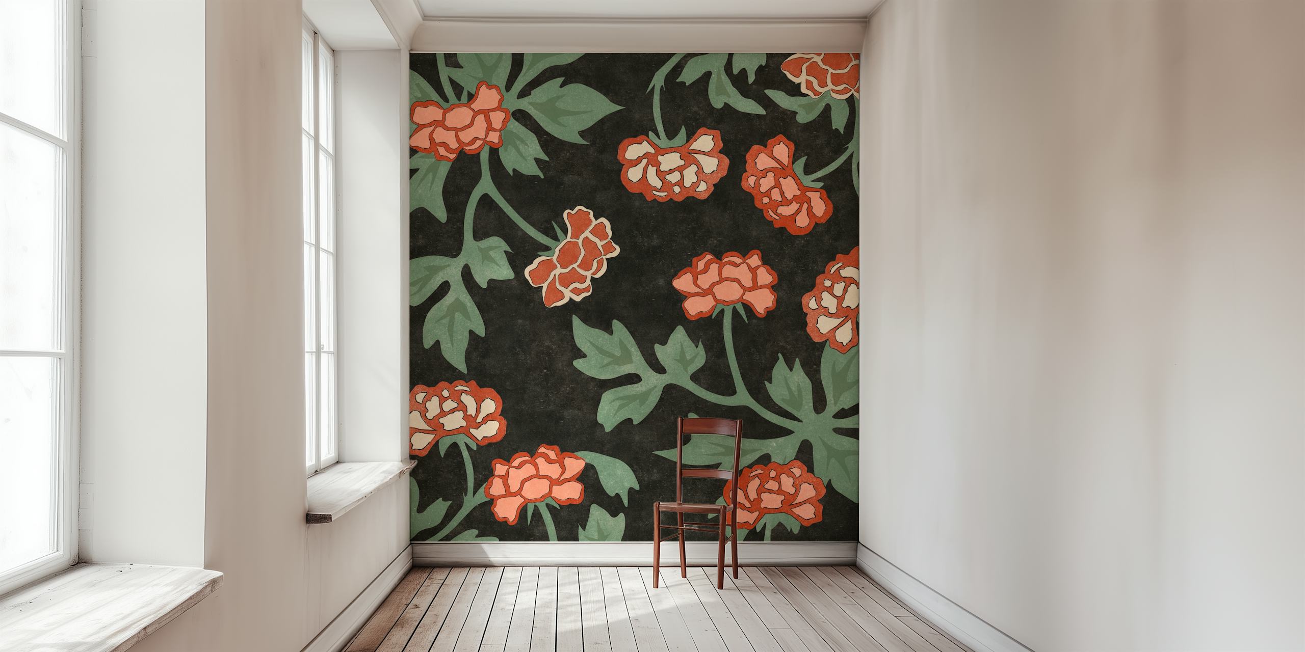 Pink and red Japanese flowers on dark background wallpaper