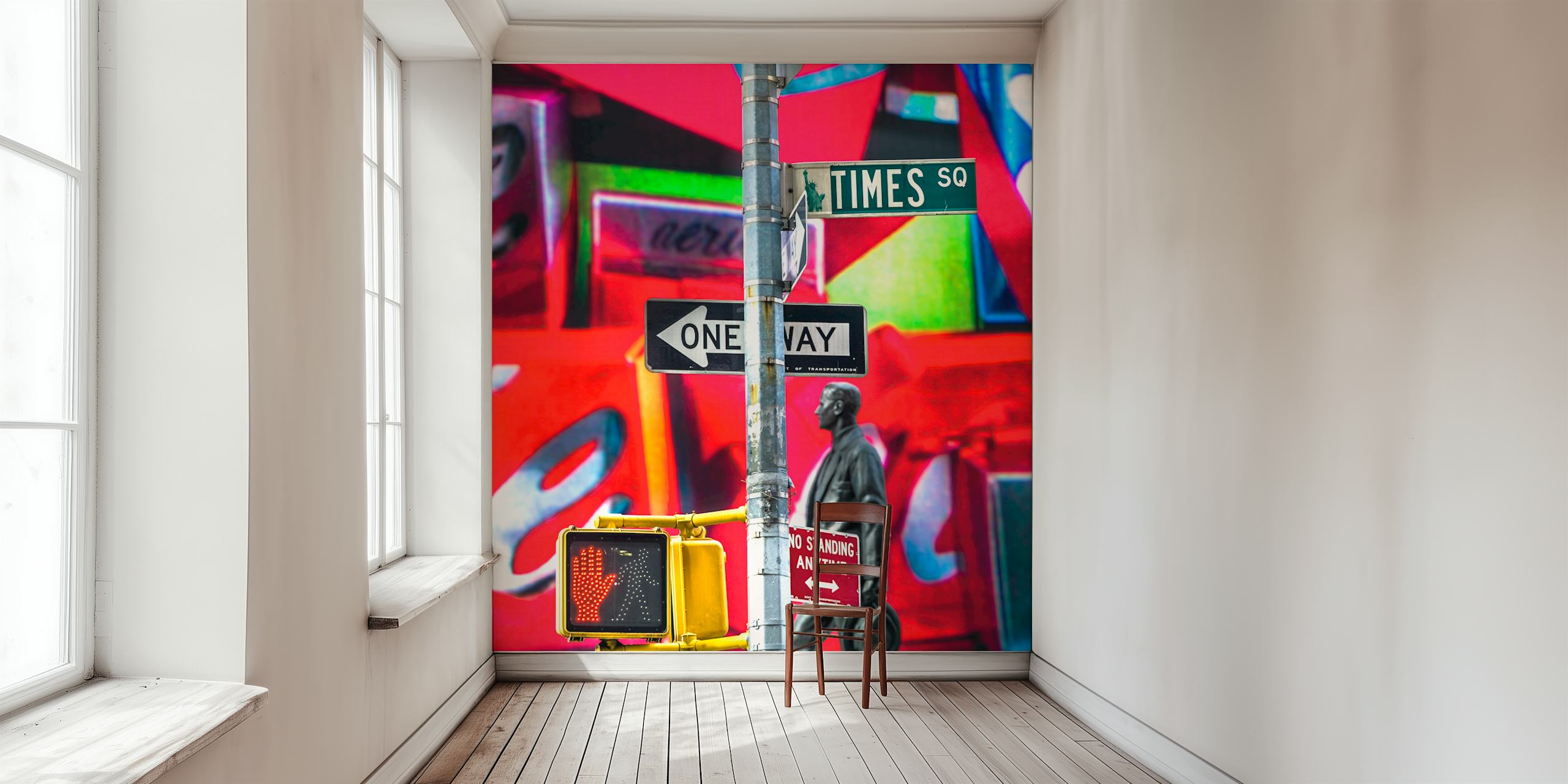 Colorful urban street art wallpaper featuring signage and a statue.