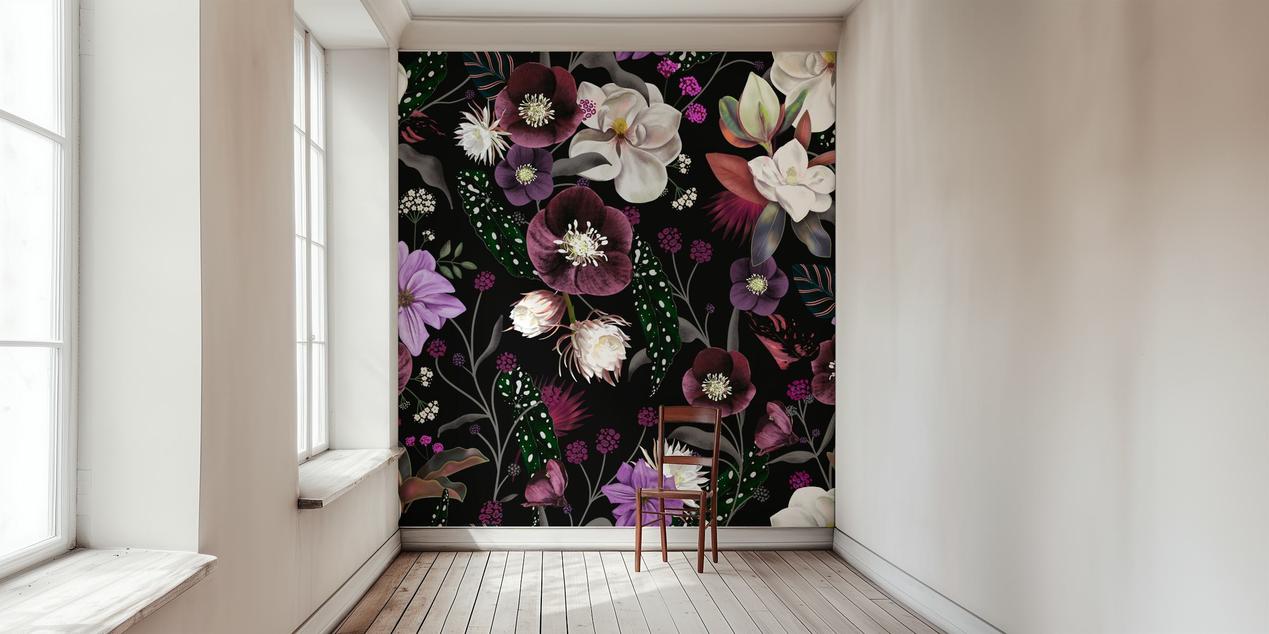Papel de parede Midnight Dark Botanical Dream em um quarto