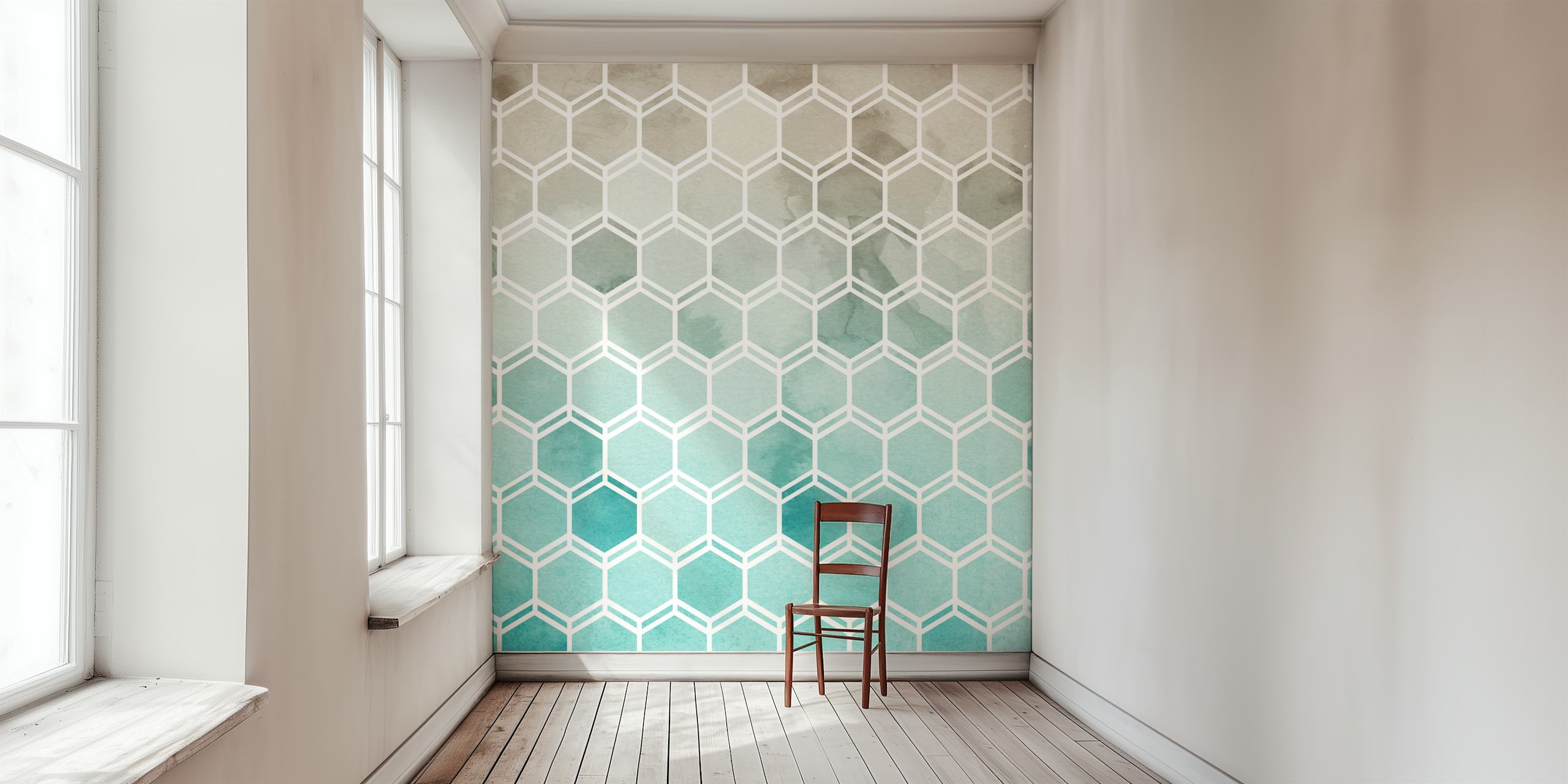 Honeycomb grey to aqua wallpaper in a room