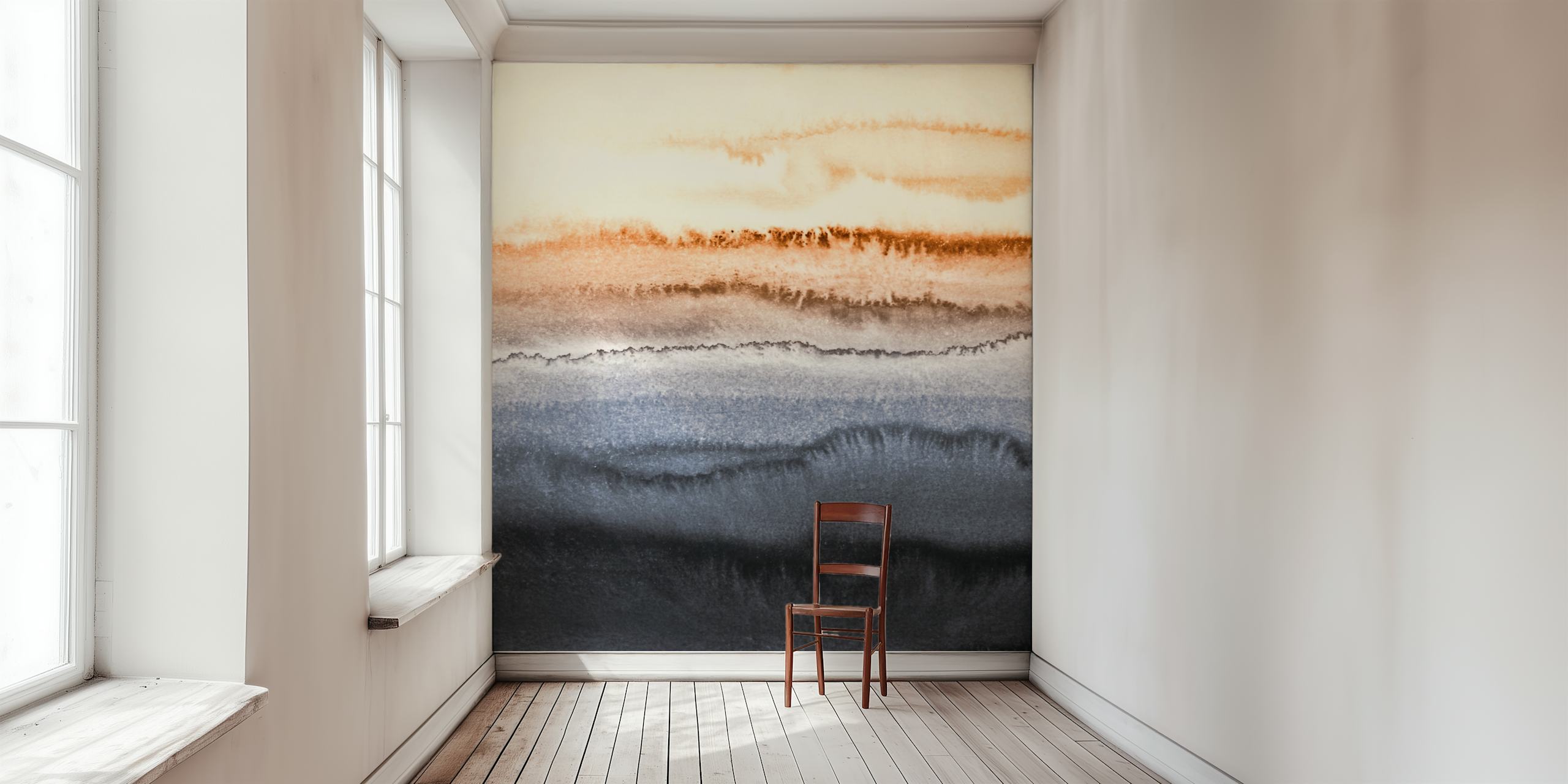 Abstract watercolor wallpaper in sandy beige, rich gray, and deep blue tones
