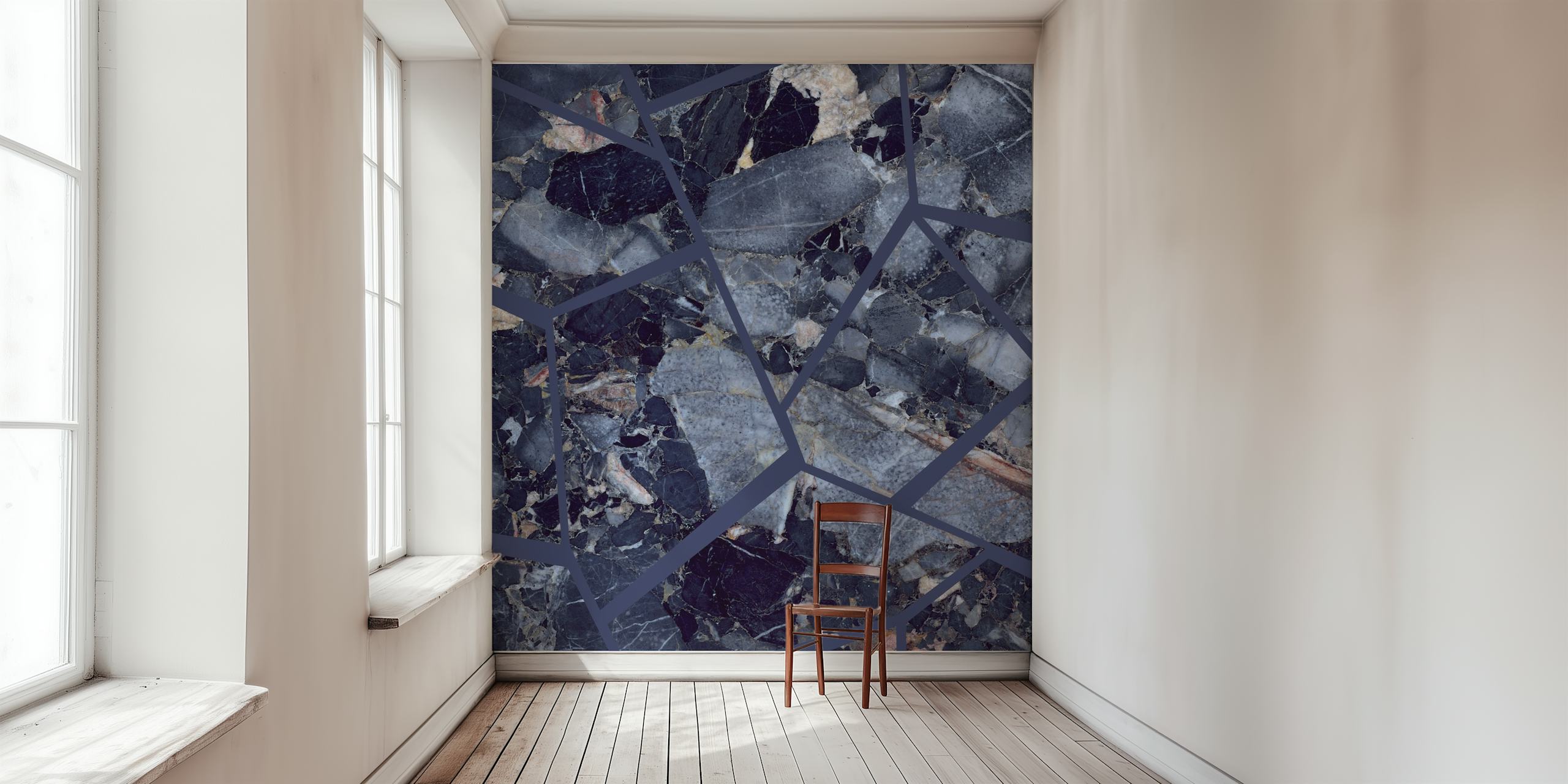 Dark blue polygonal marble wallpaper in a room