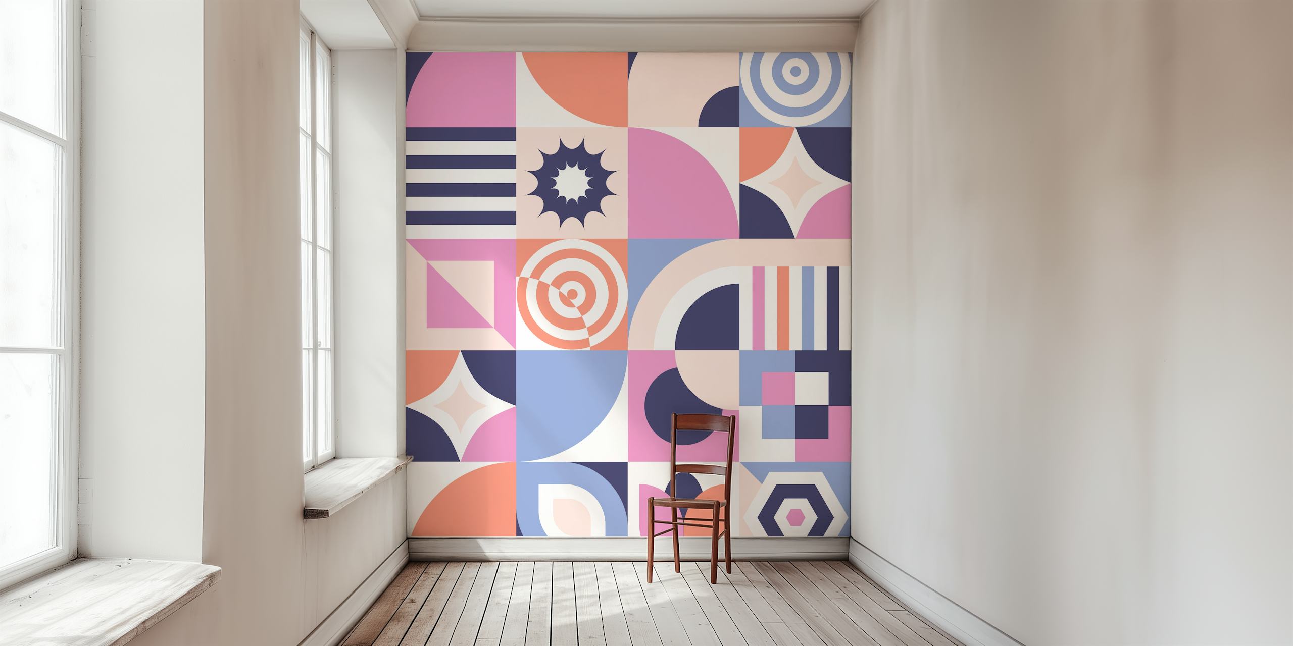 Colorful geometric shapes in pink, navy, and white wallpaper