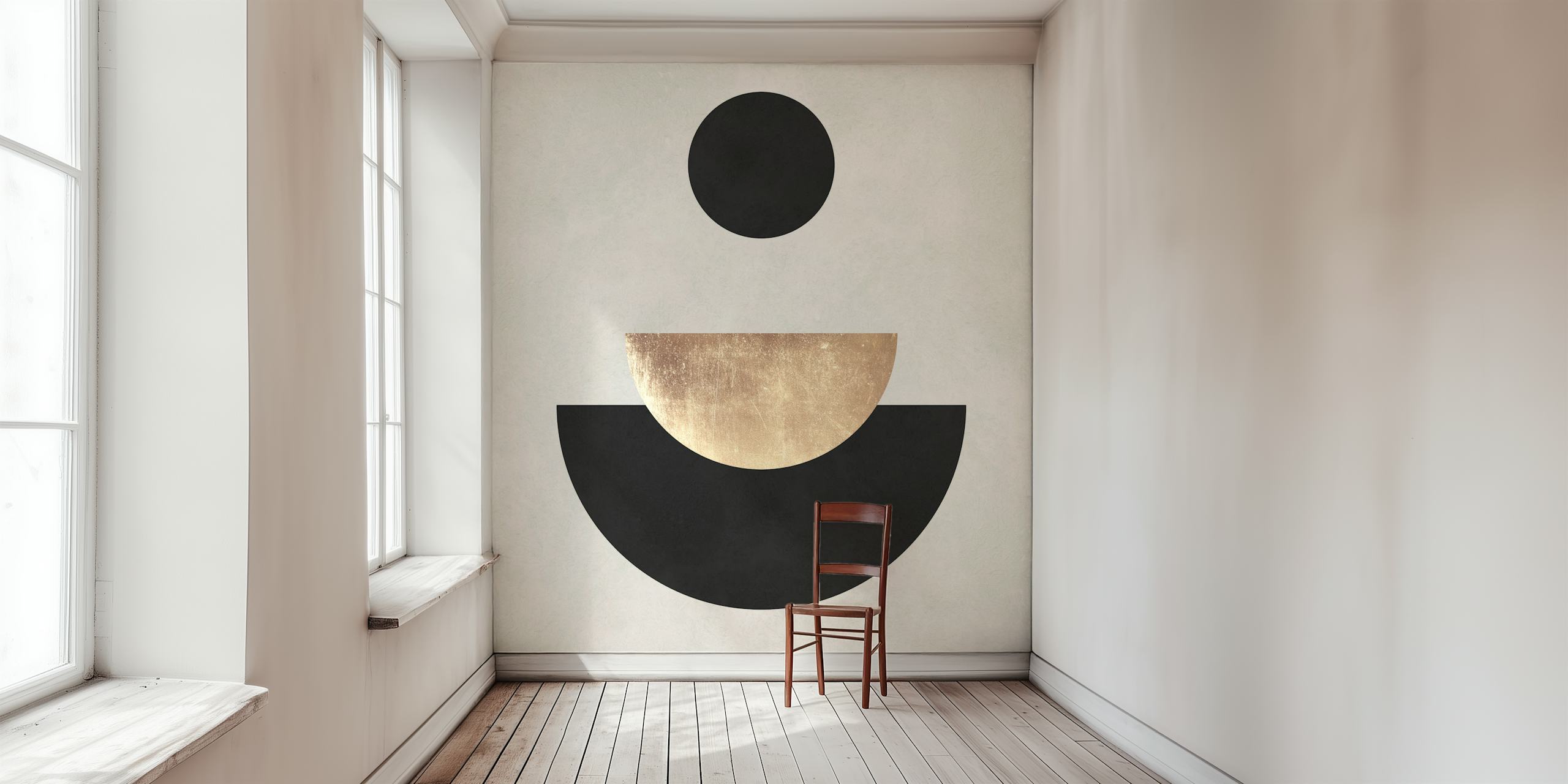 Geometric shapes in black and gold on a light wall wallpaper