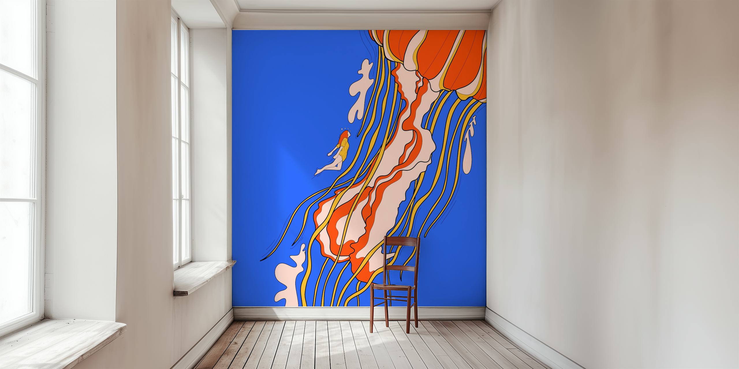Giant jellyfish wallpaper in a room setting