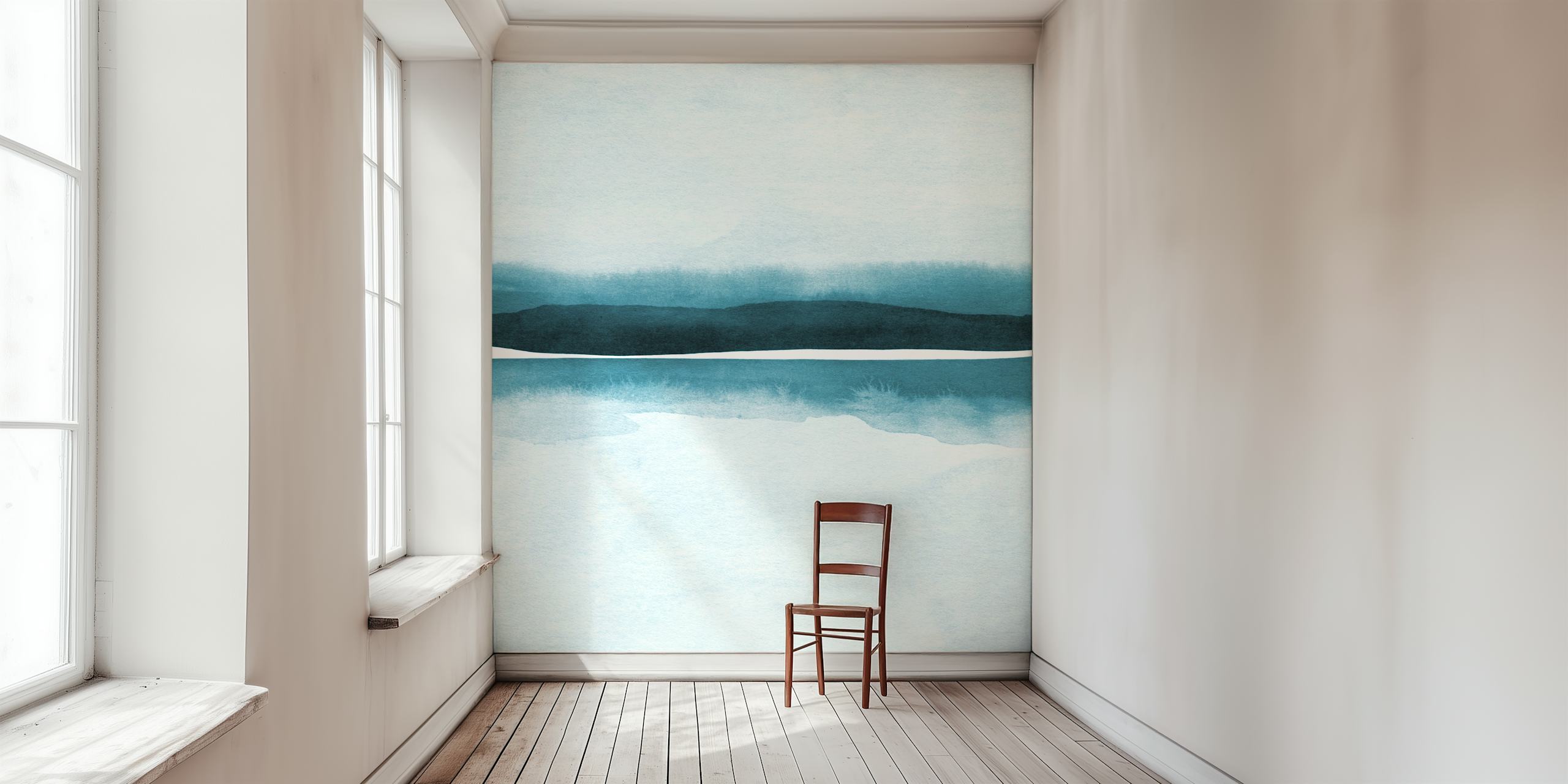 Paesaggio ad acquerello nei toni del verde acqua raffigurante un orizzonte sereno