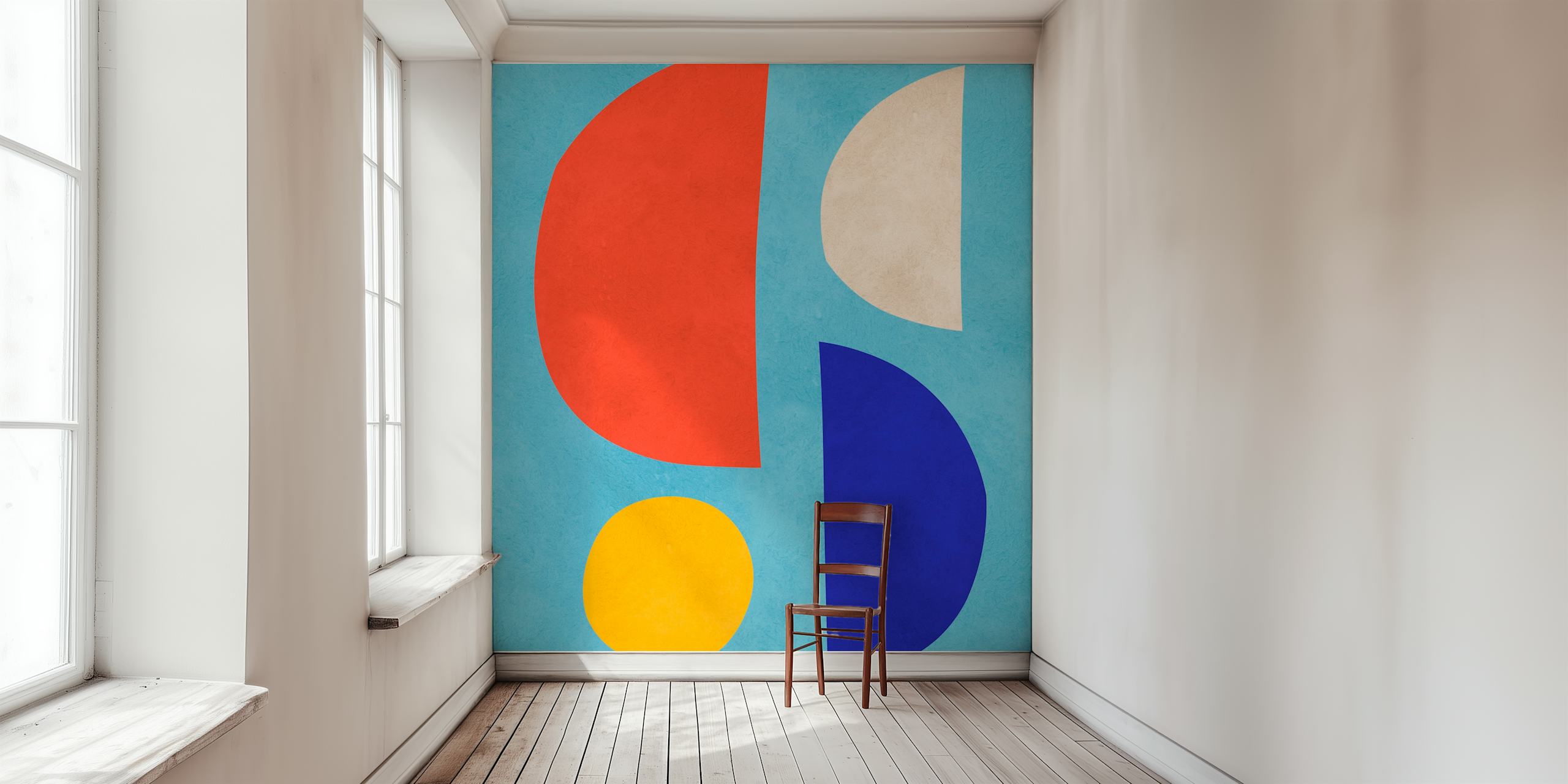 Colorful abstract geometric shapes in red, blue, yellow, and beige wallpaper