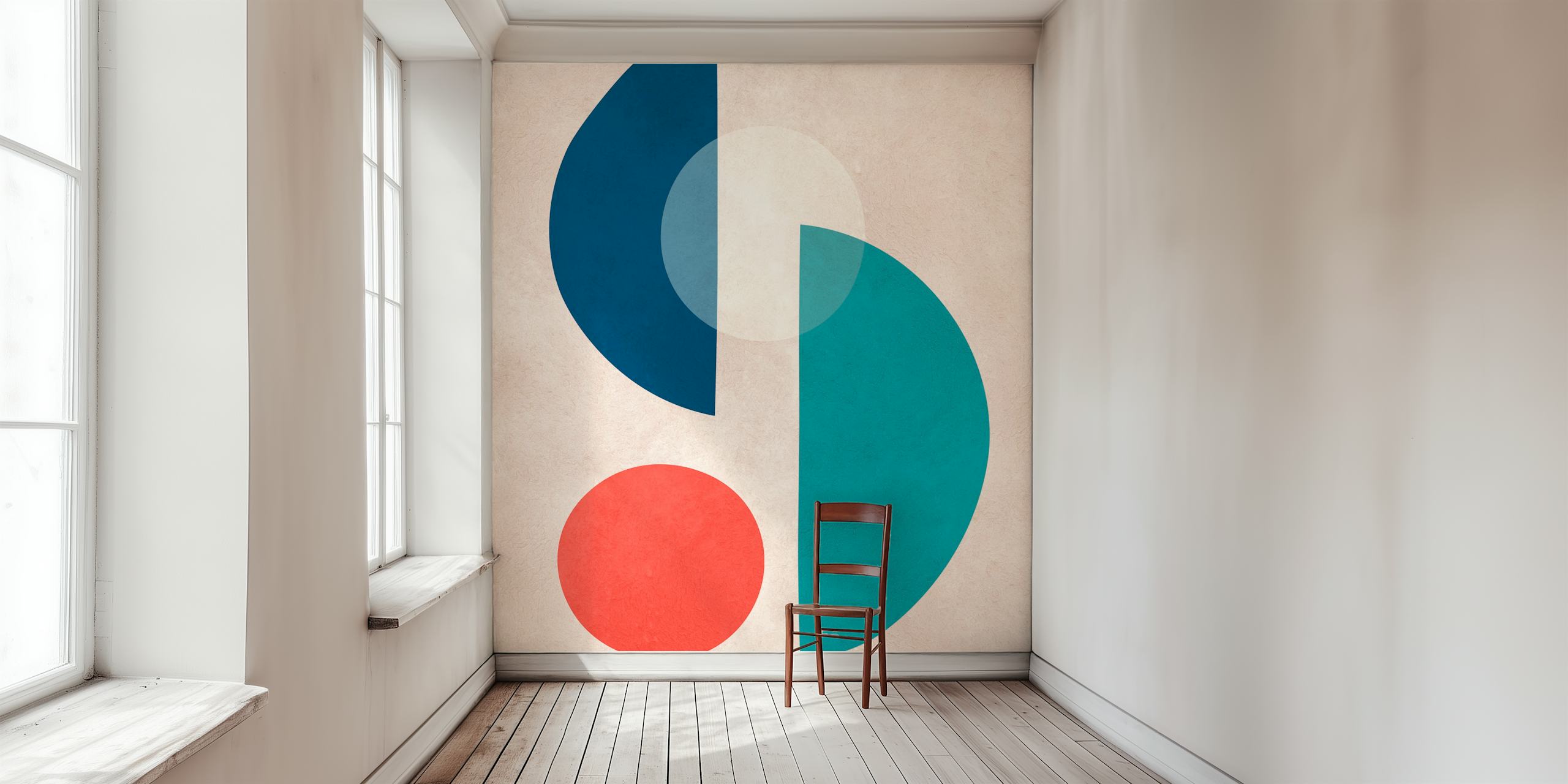Geometric shapes in blue, teal, and red on textured background wallpaper