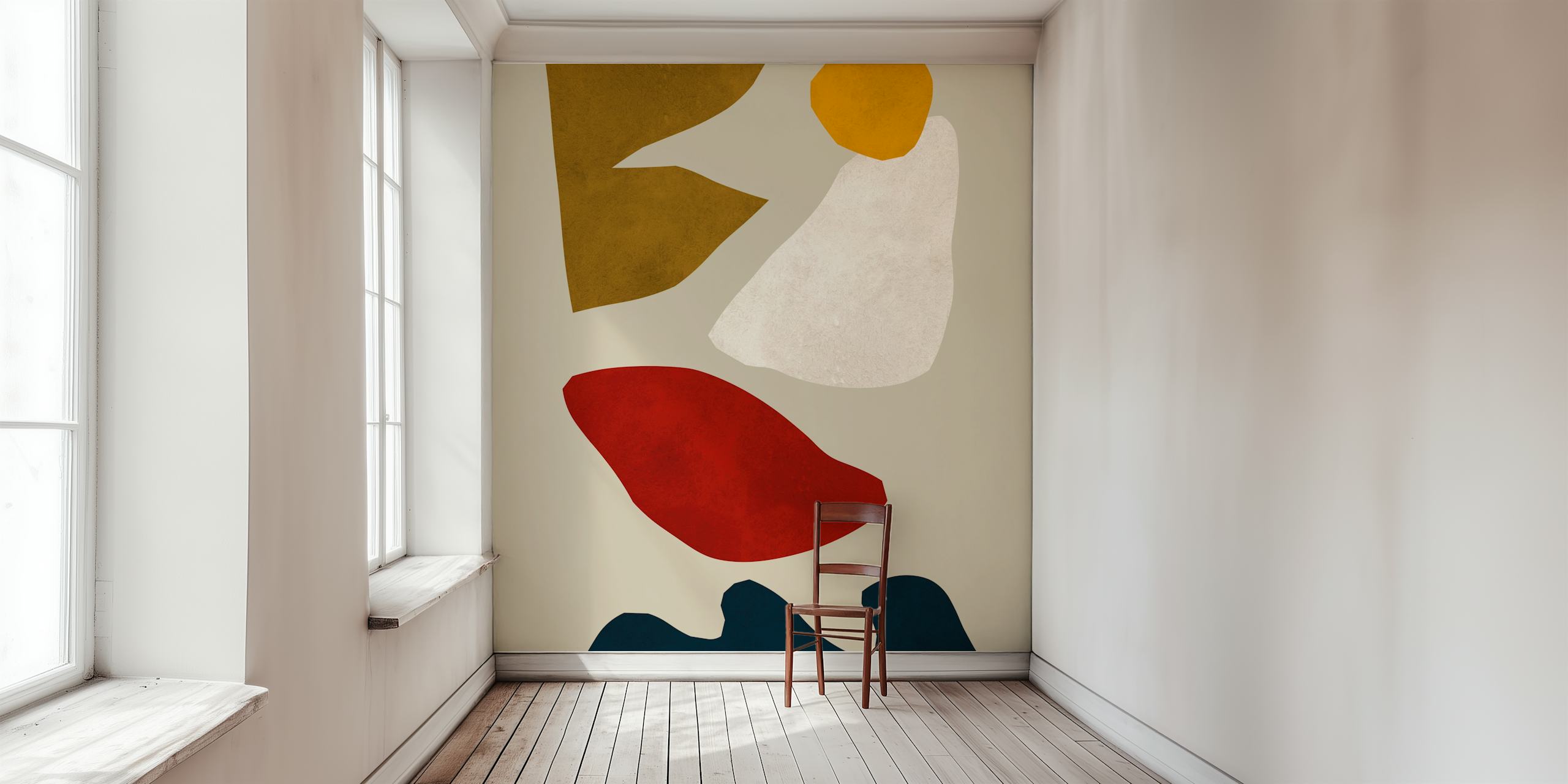 Abstract shapes in earthy tones of brown, red, white, and blue wallpaper