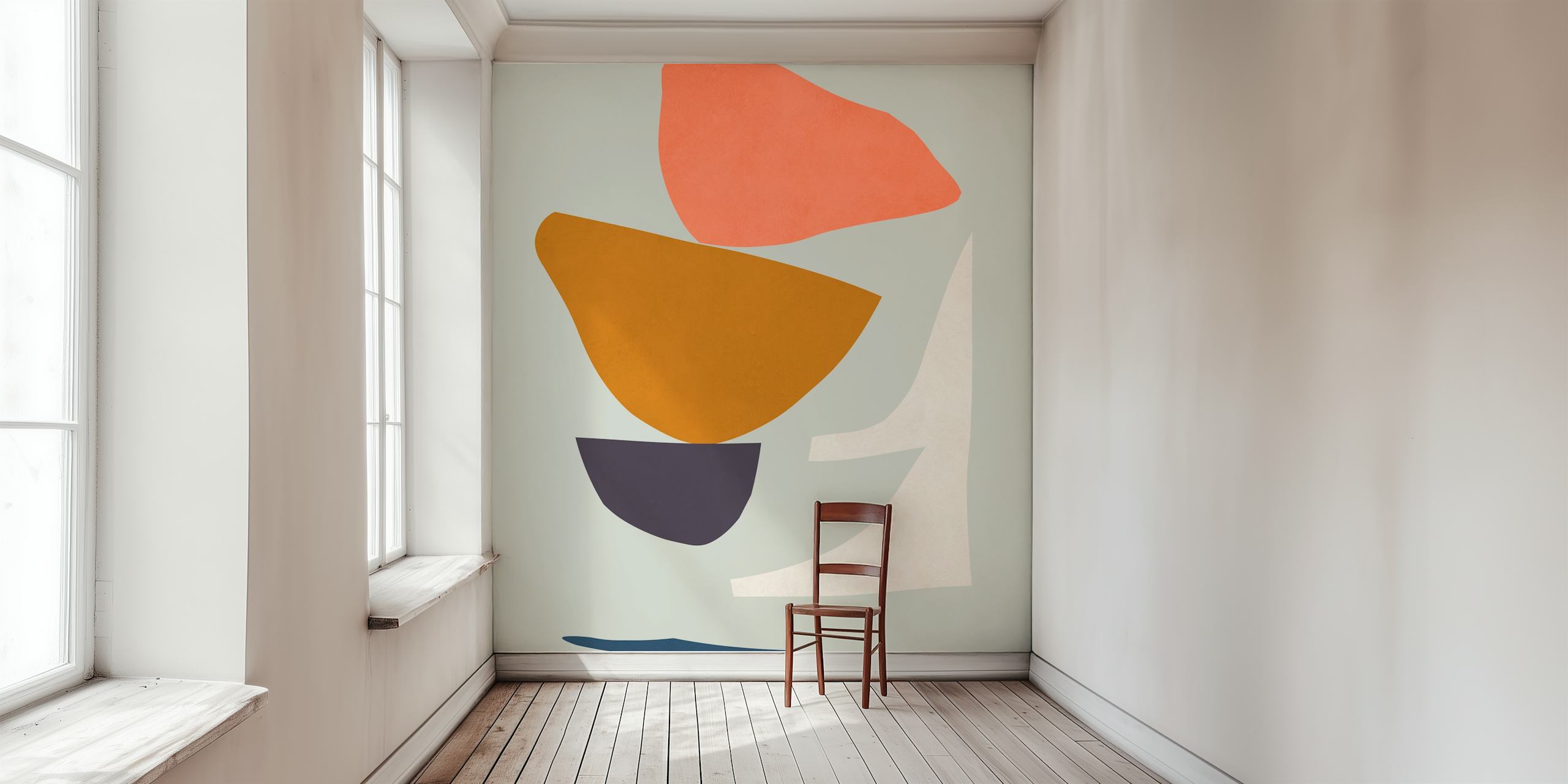 Abstract geometric shapes in orange, brown, navy, and white. Modern wallpaper.