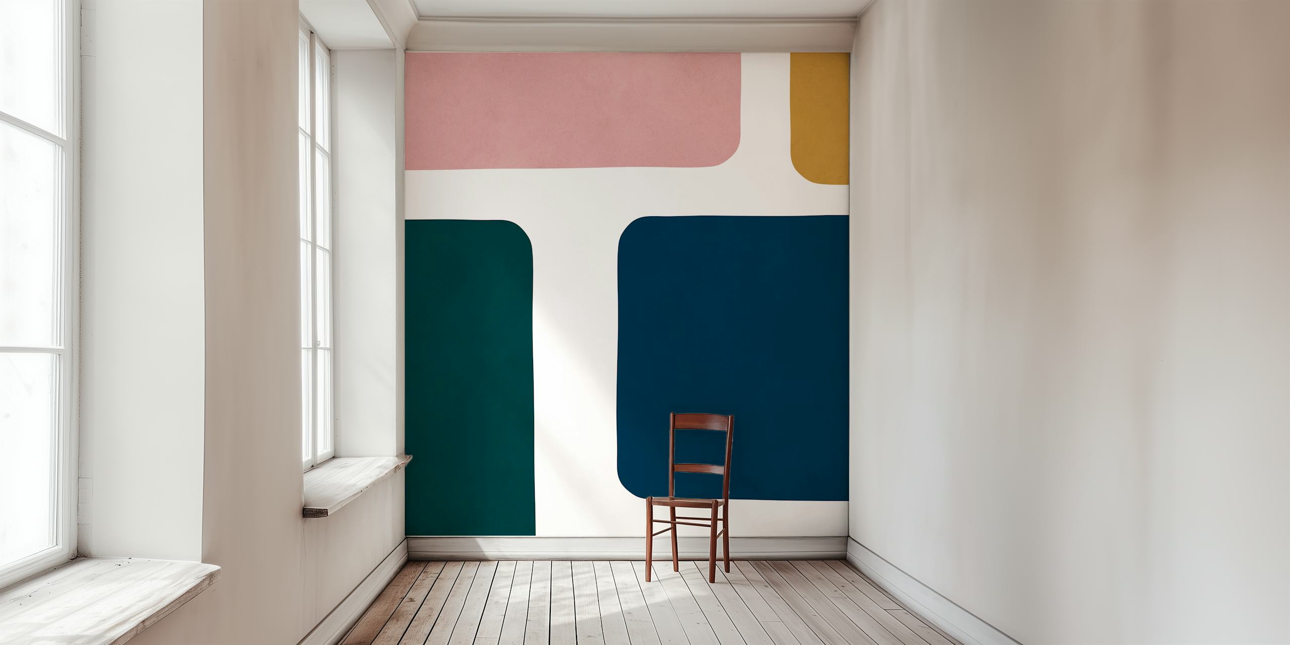 Color block design in pink, teal, navy, and green wallpaper