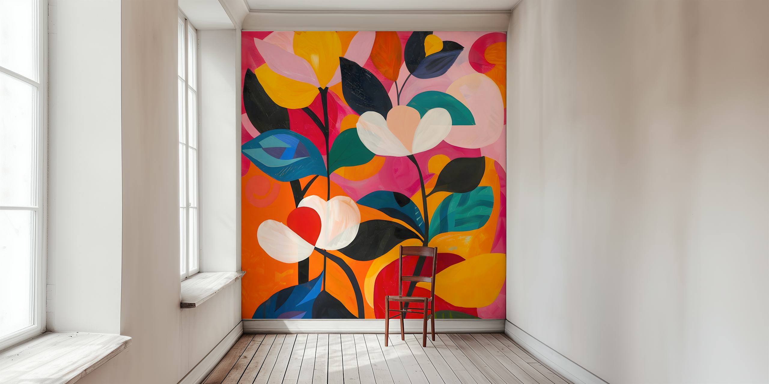 Vibrant floral wallpaper in a room
