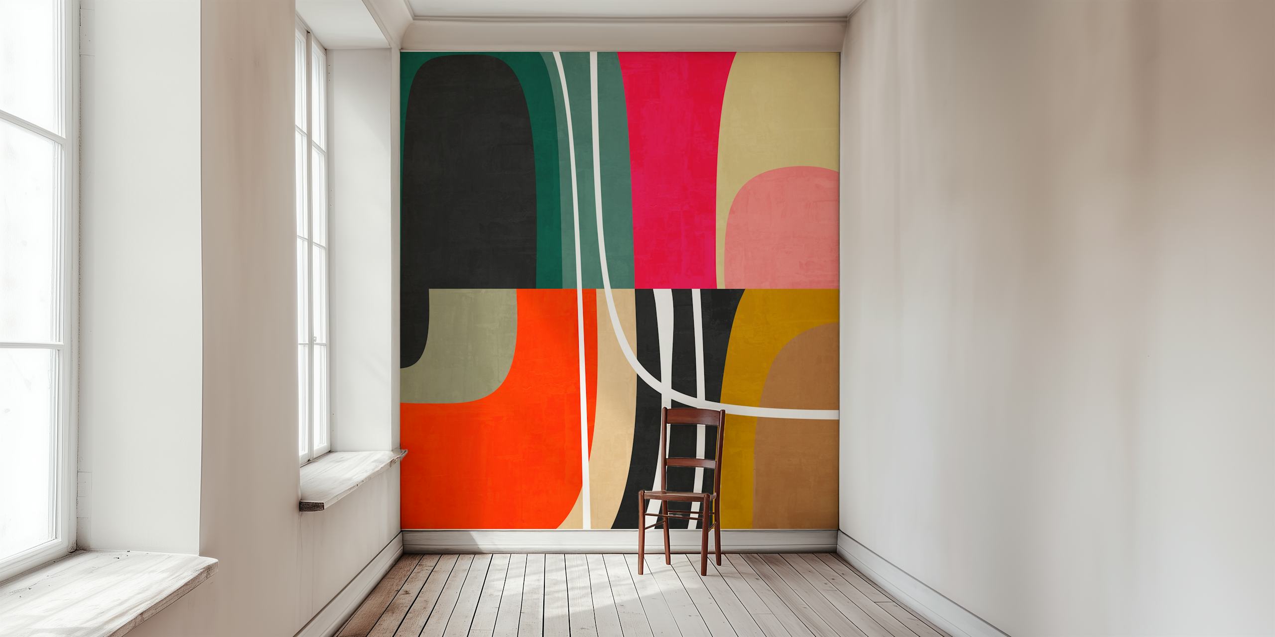 Moderni apstraktni geometrijski oblici srednjeg stoljeća zidni mural s toplim zemljanim tonovima i živim bojama