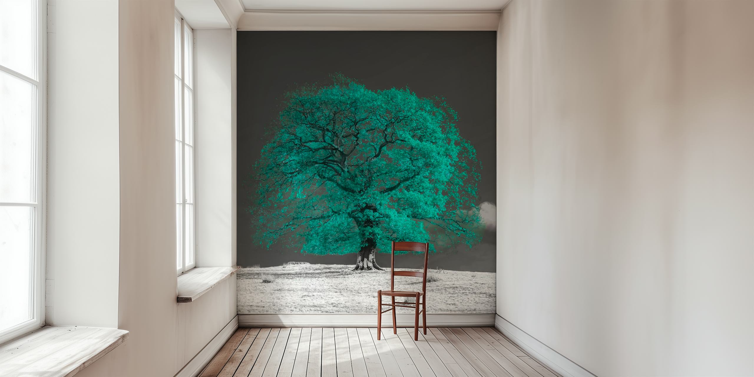 Teal tree silhouette against a monochrome background wallpaper
