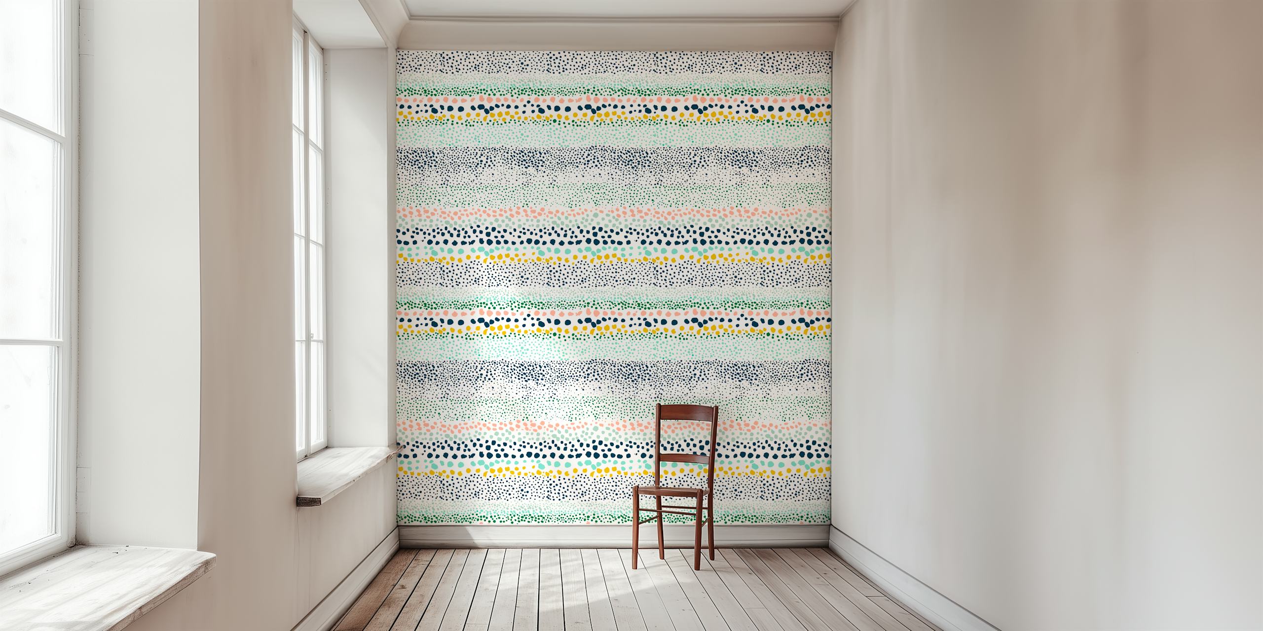 Colorful dotted pattern in stripes on white wallpaper