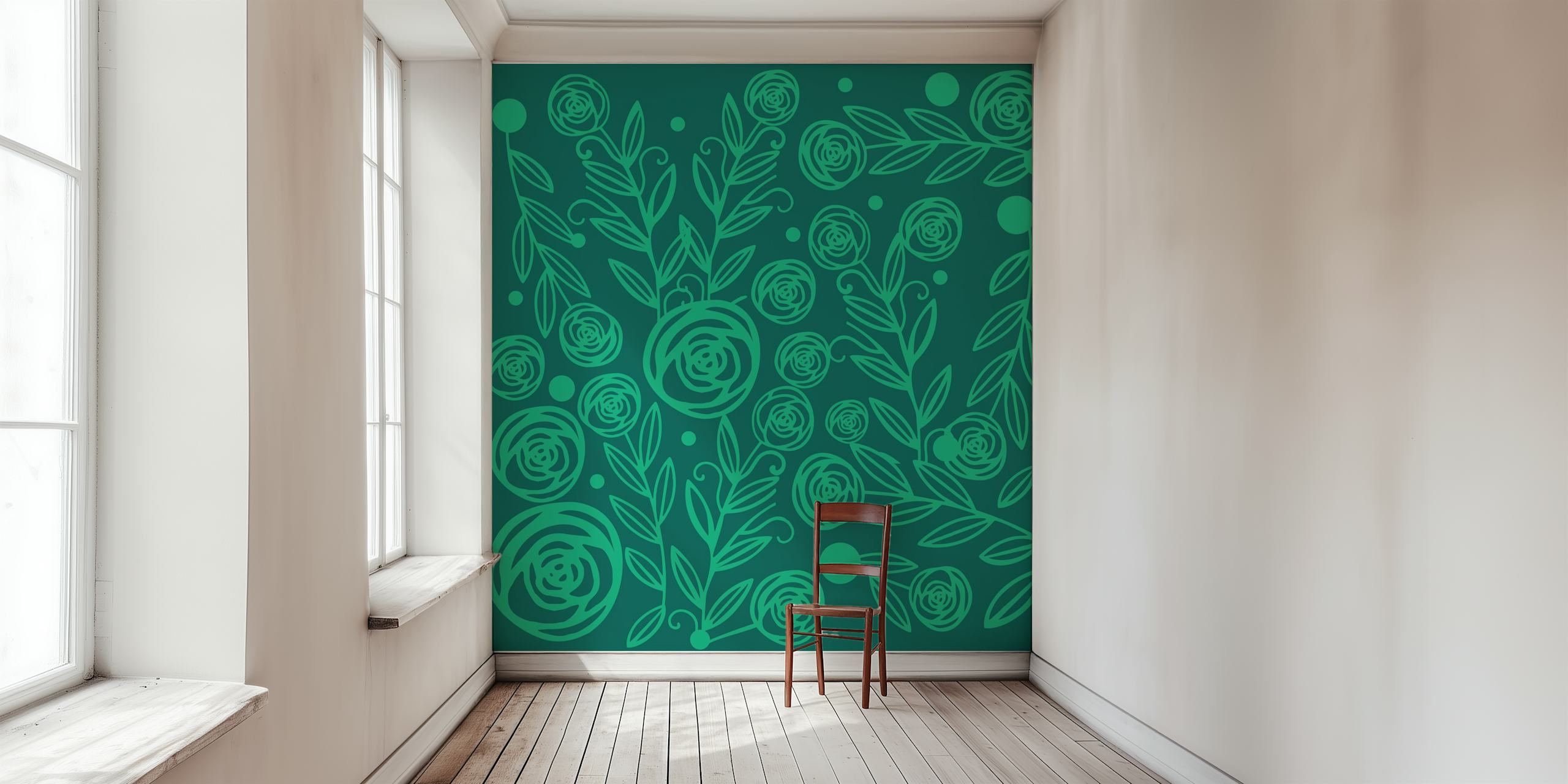 Handdrawn roses and leaves in dark green wallpaper