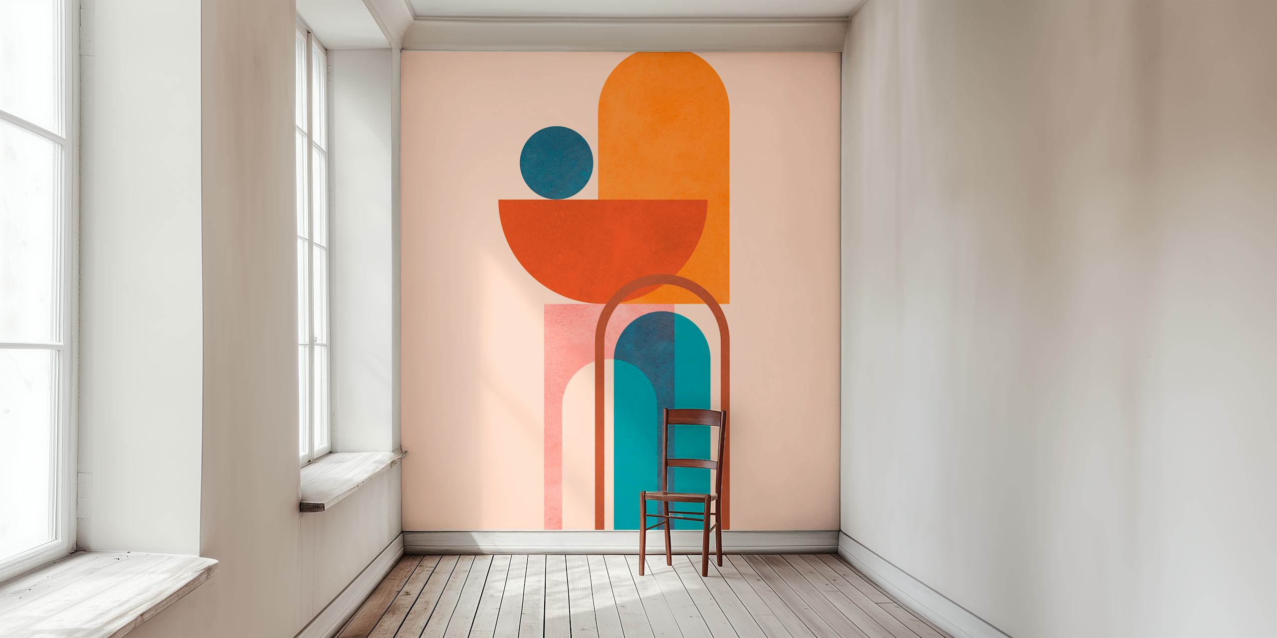 Abstract geometric shapes in warm colors; orange, blue, and pink; modern wallpaper