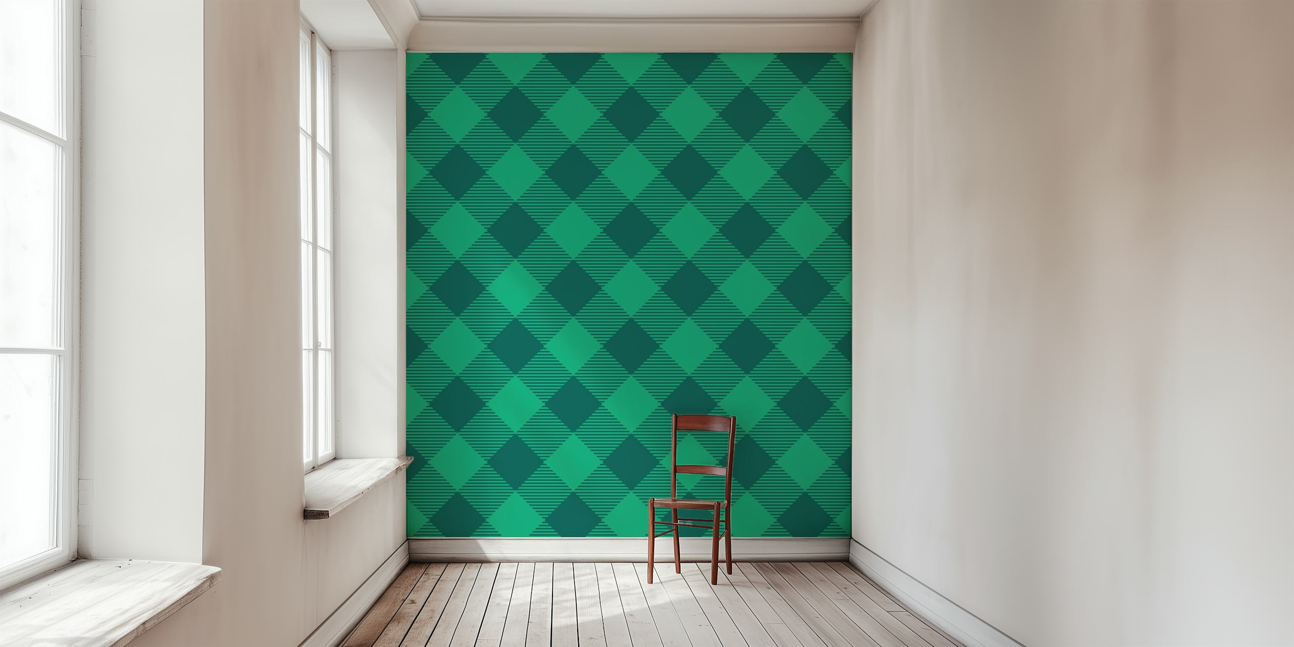 Gingham in forest jade checks ταπετσαρία σε ένα δωμάτιο