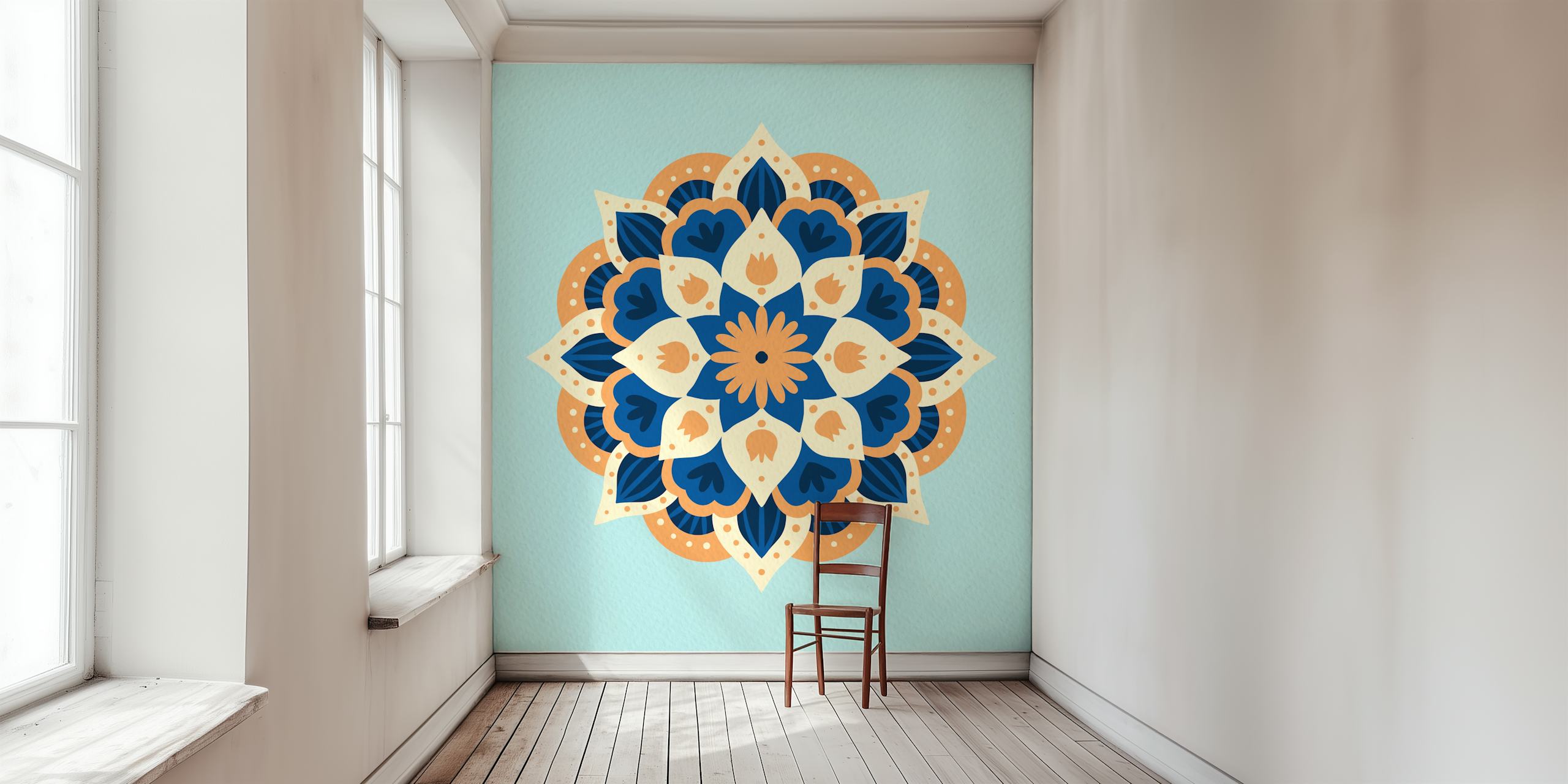 Πορτοκαλί μπλε Modern dahlia mandala ταπετσαρία