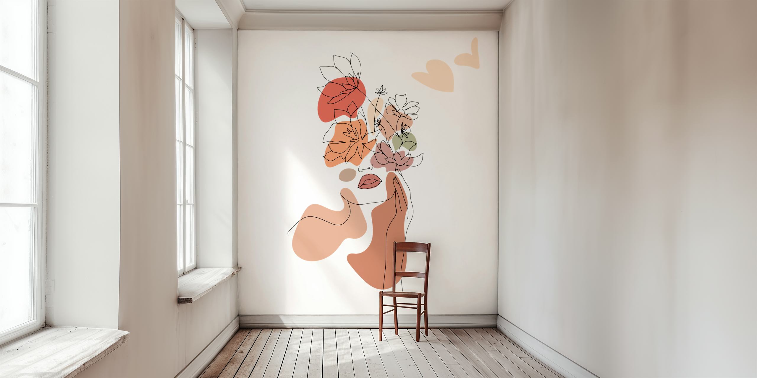 Minimalist line drawing of a woman with flowers wall mural