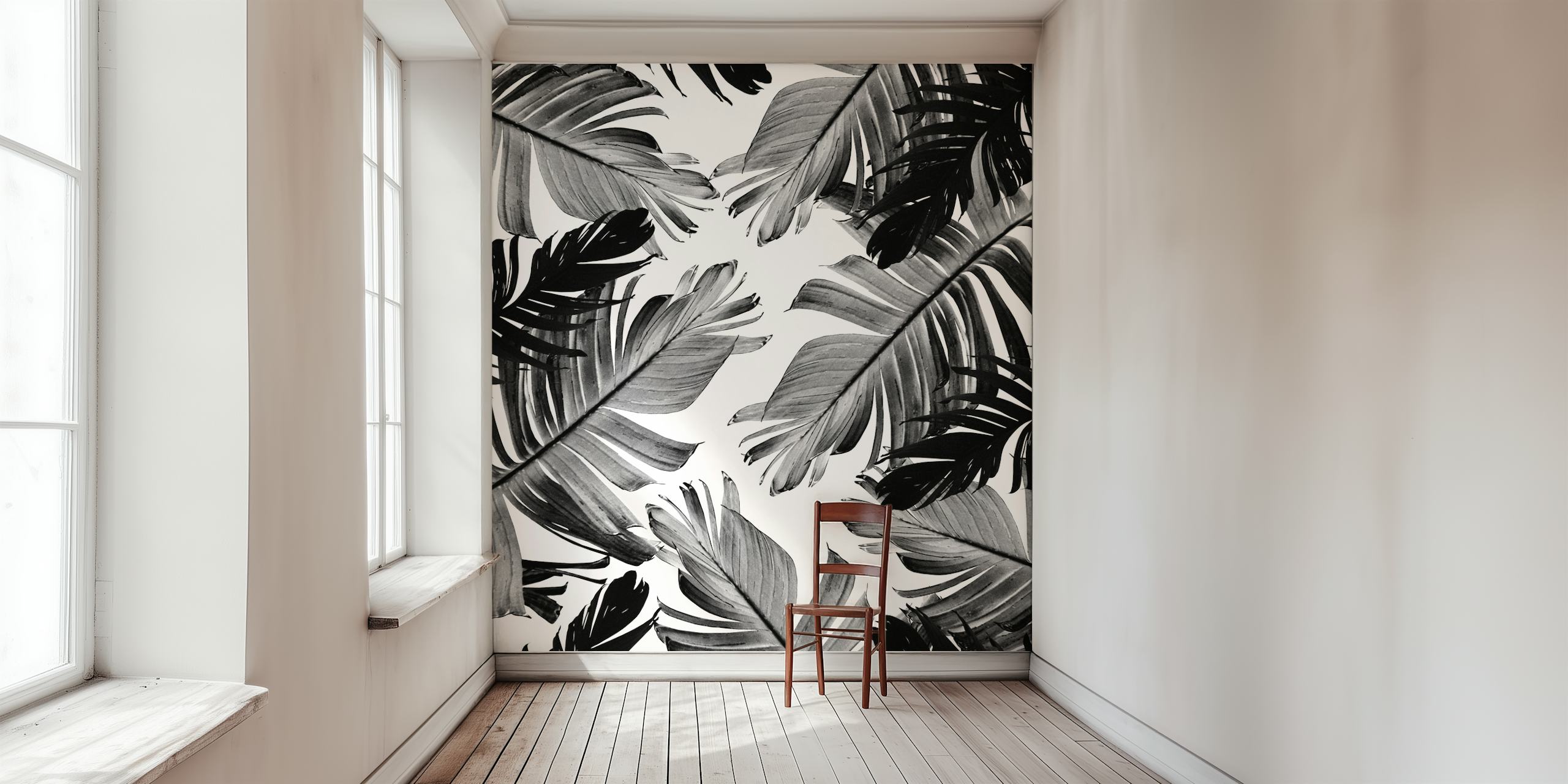 Black and white tropical banana leaves wallpaper
