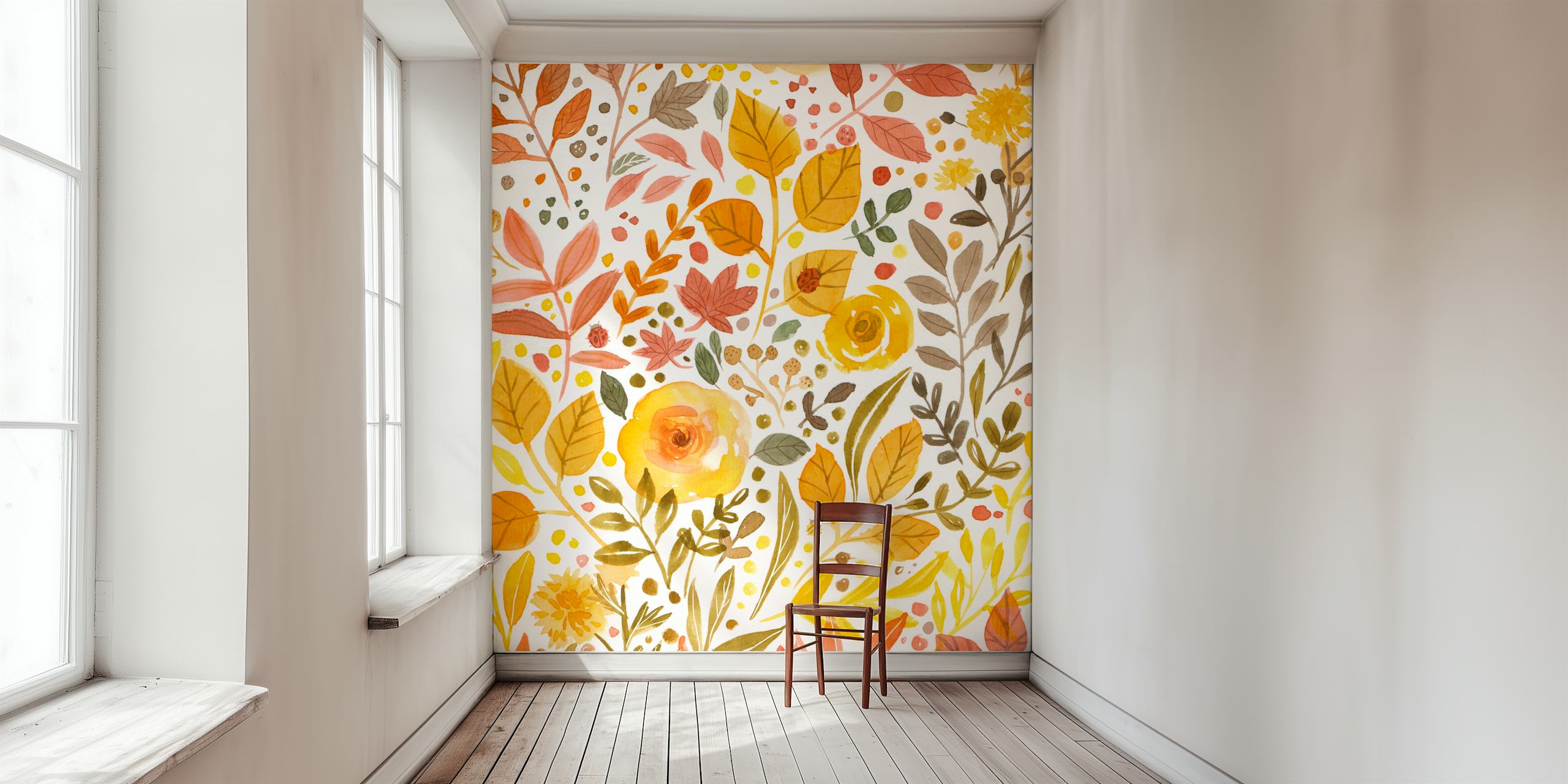 Loose florals in warm colors, including yellow, orange, and brown wallpaper