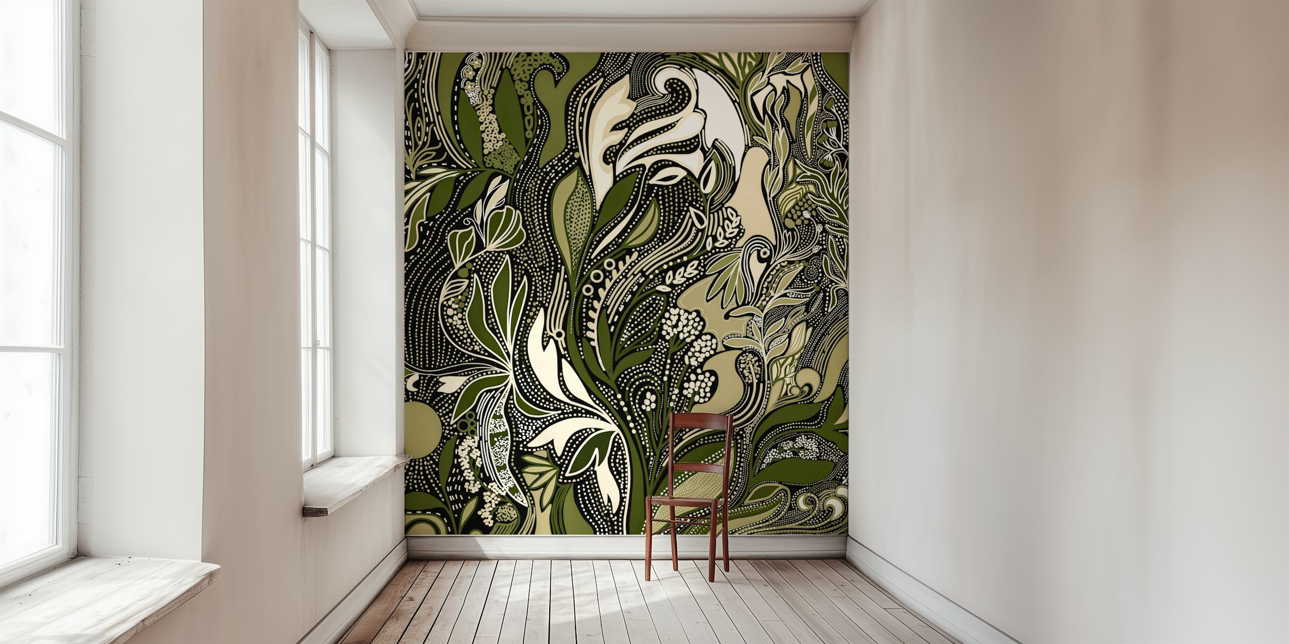 Botanical pattern in green and beige tones wallpaper