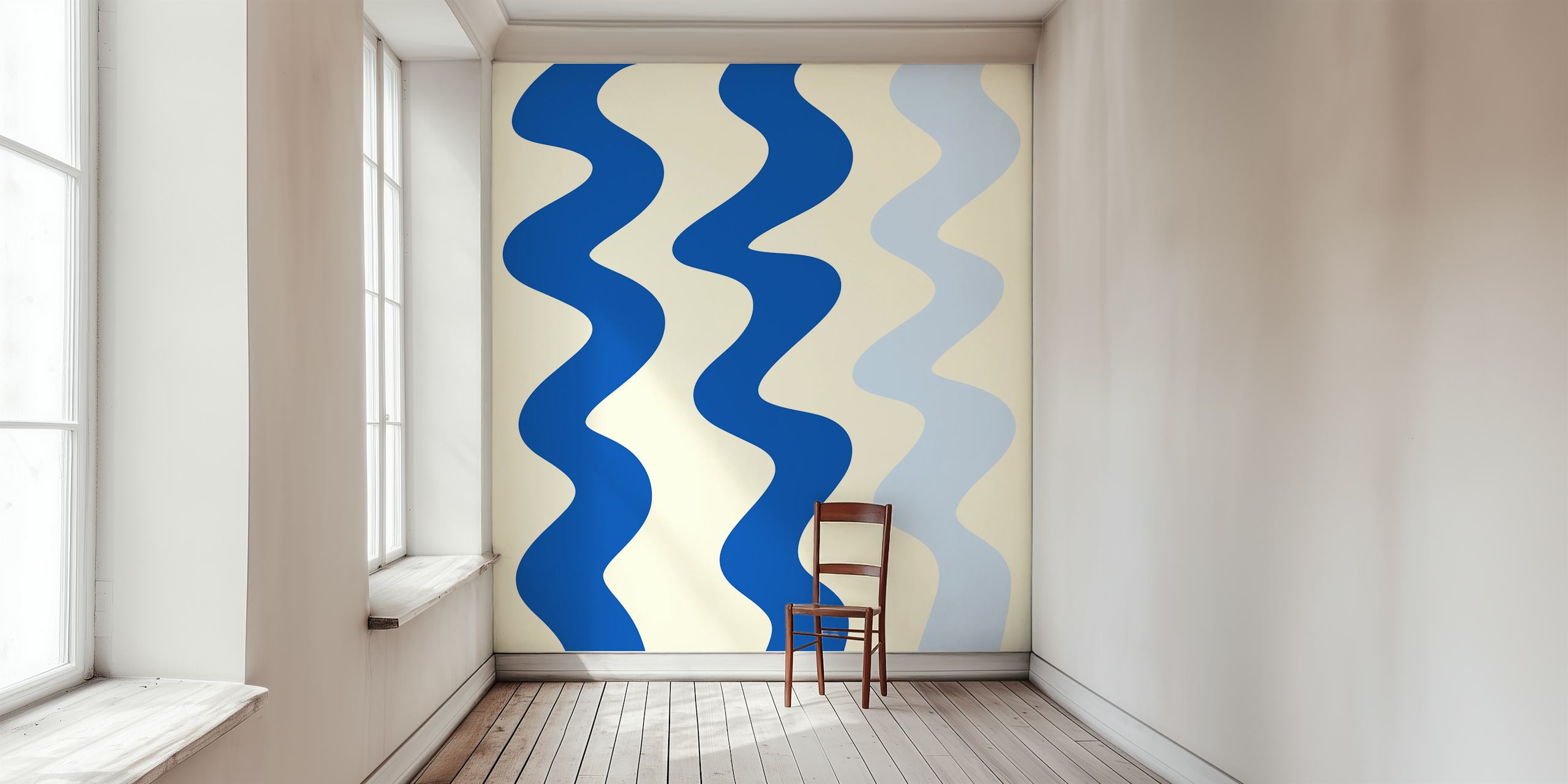 Blue wavy lines on a cream background wallpaper