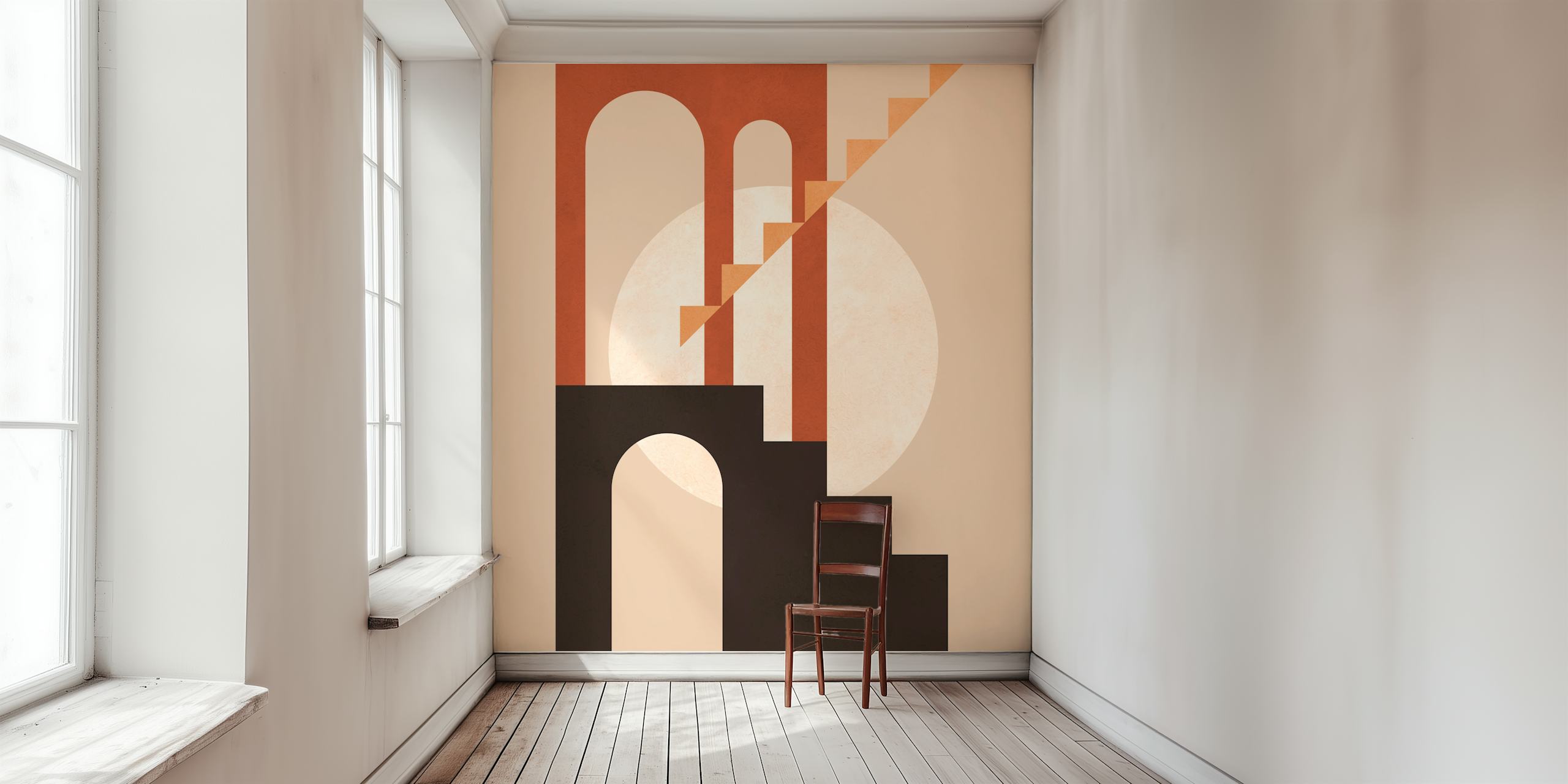 Geometric architectural shapes in earth tones on a beige background wallpaper