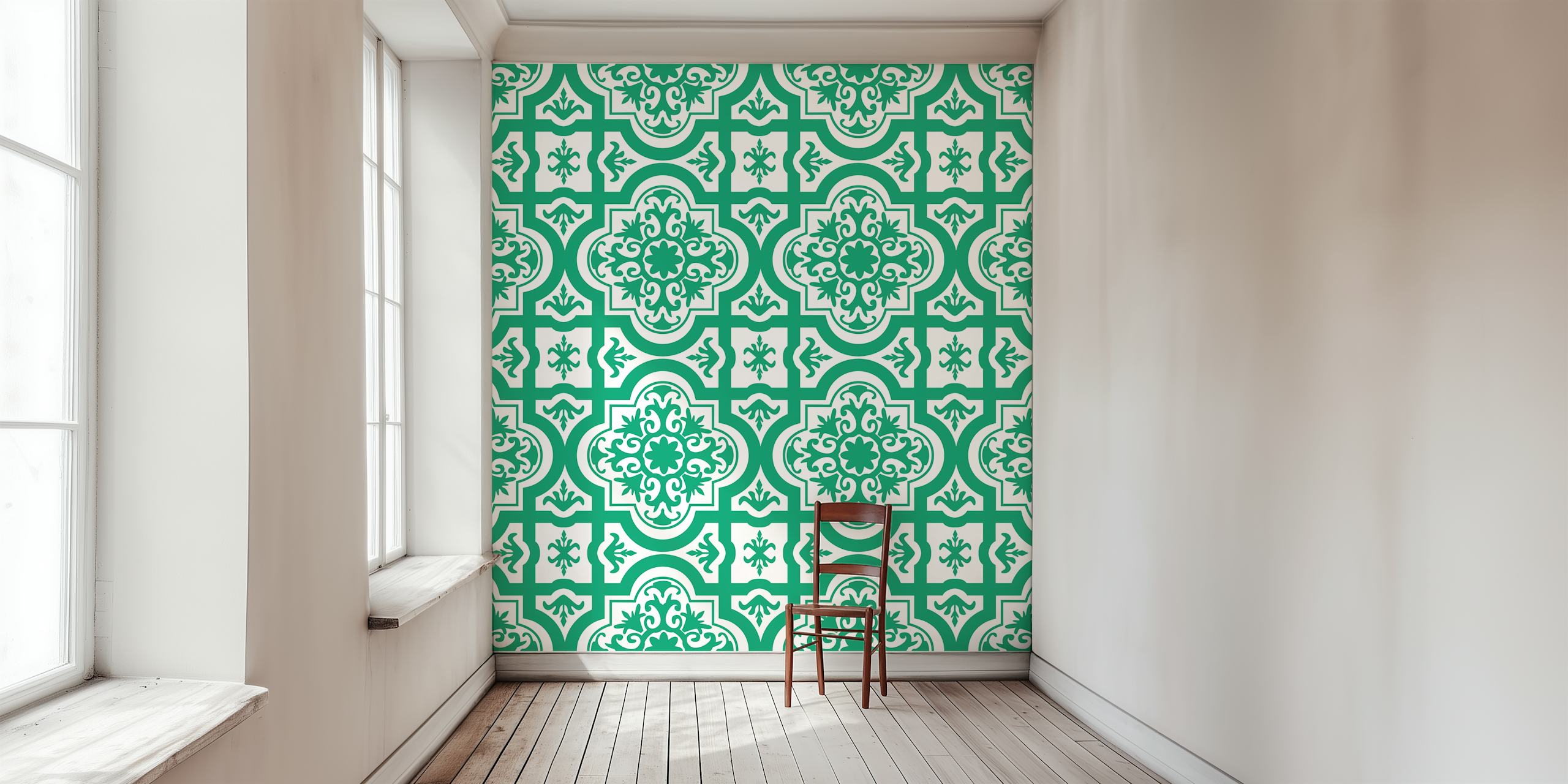 Jade green white Turkish tile pattern behang